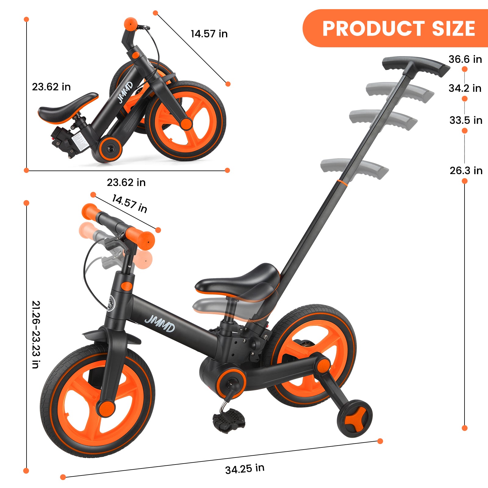 #color_black-bright-orange JMMD S900 toddler bike in Black & Bright Orange product size chart with adjustable handlebar, seat, and parent push handle dimensions
