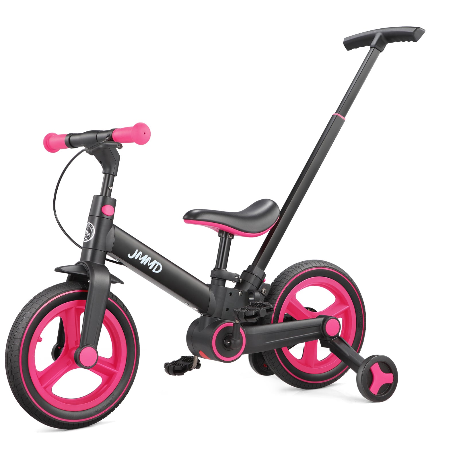 #color_black-neon-pink JMMD S900 6-in-1 toddler bike in Black & Neon Pink with parent push handle and training wheels