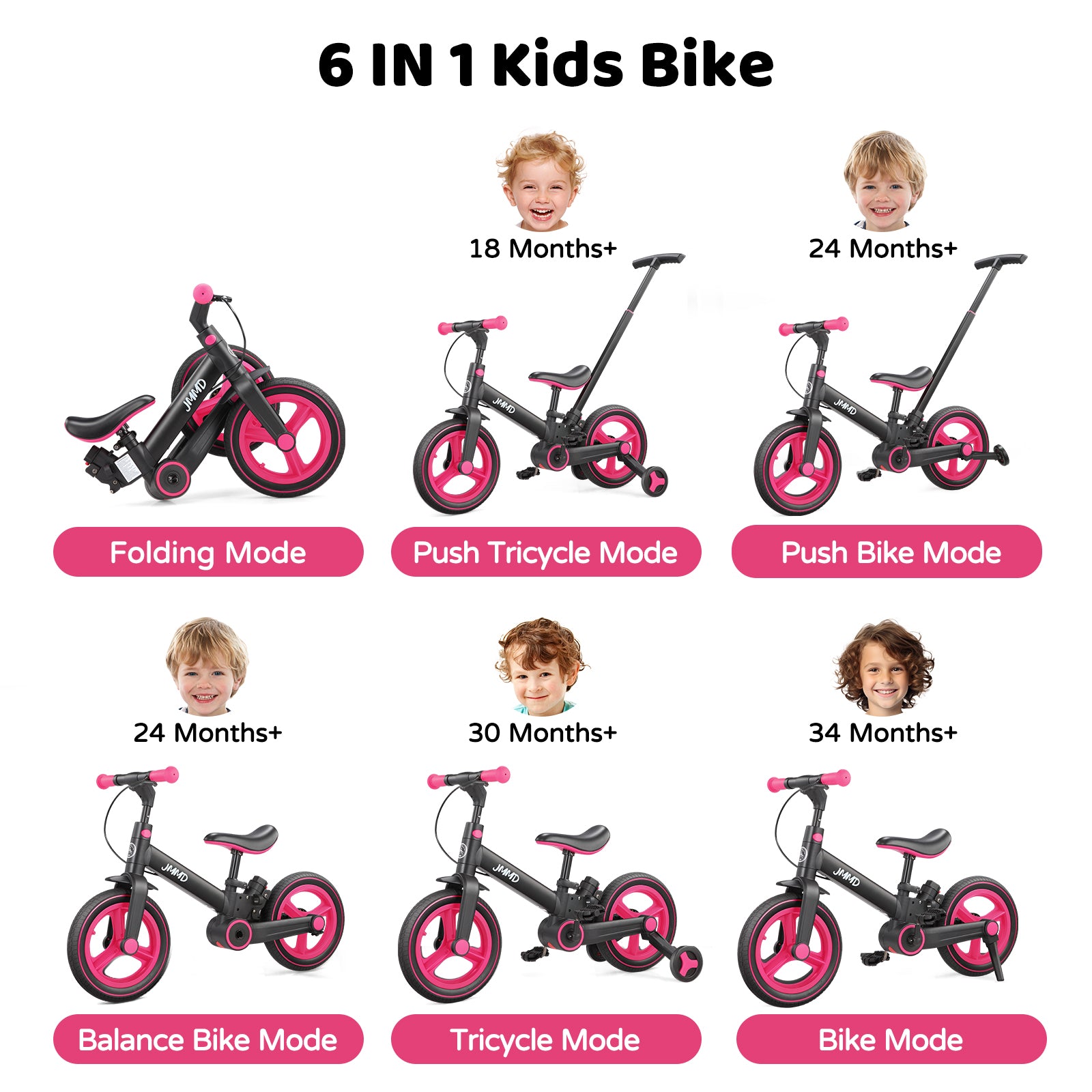 #color_black-neon-pink JMMD S900 6-in-1 toddler bike in Black & Neon Pink showing folding, push tricycle, training balance, balance bike, tricycle, and bike modes