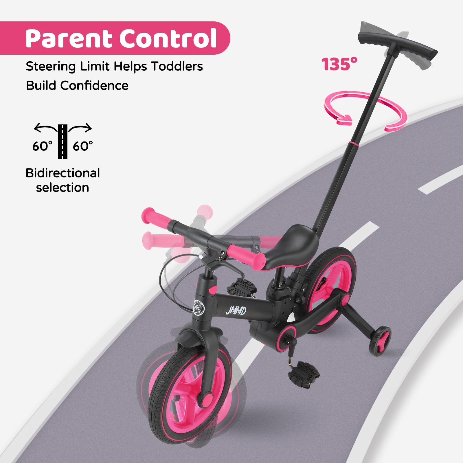 #color_black-neon-pink JMMD S900 toddler bike in Black & Neon Pink showing parent control push handle and steering limit