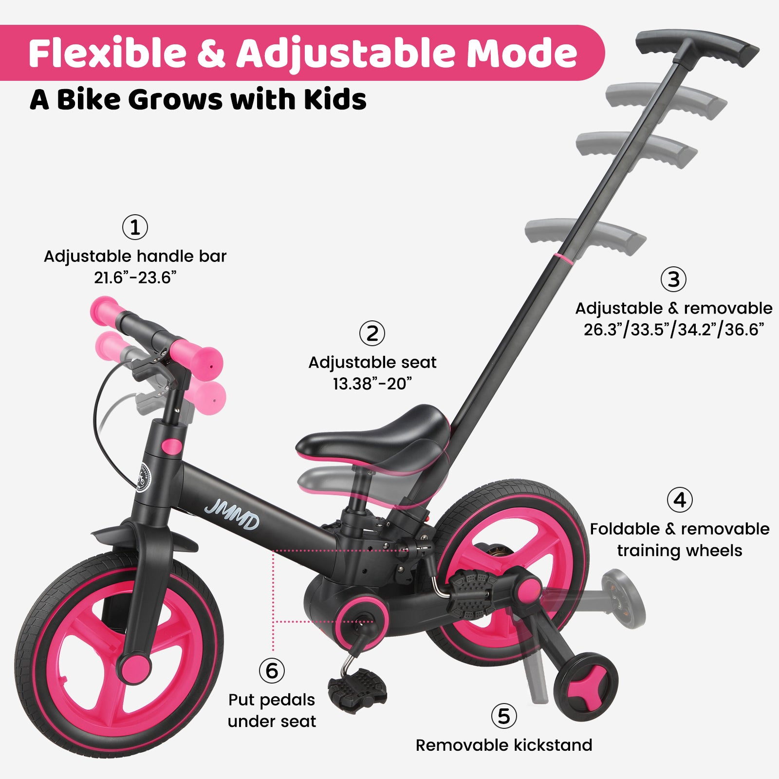 #color_black-neon-pink JMMD S900 grow-with-me toddler bike in Black & Neon Pink showing adjustable handlebar, adjustable seat, removable parent push handle, training wheels, kickstand, and pedal storage