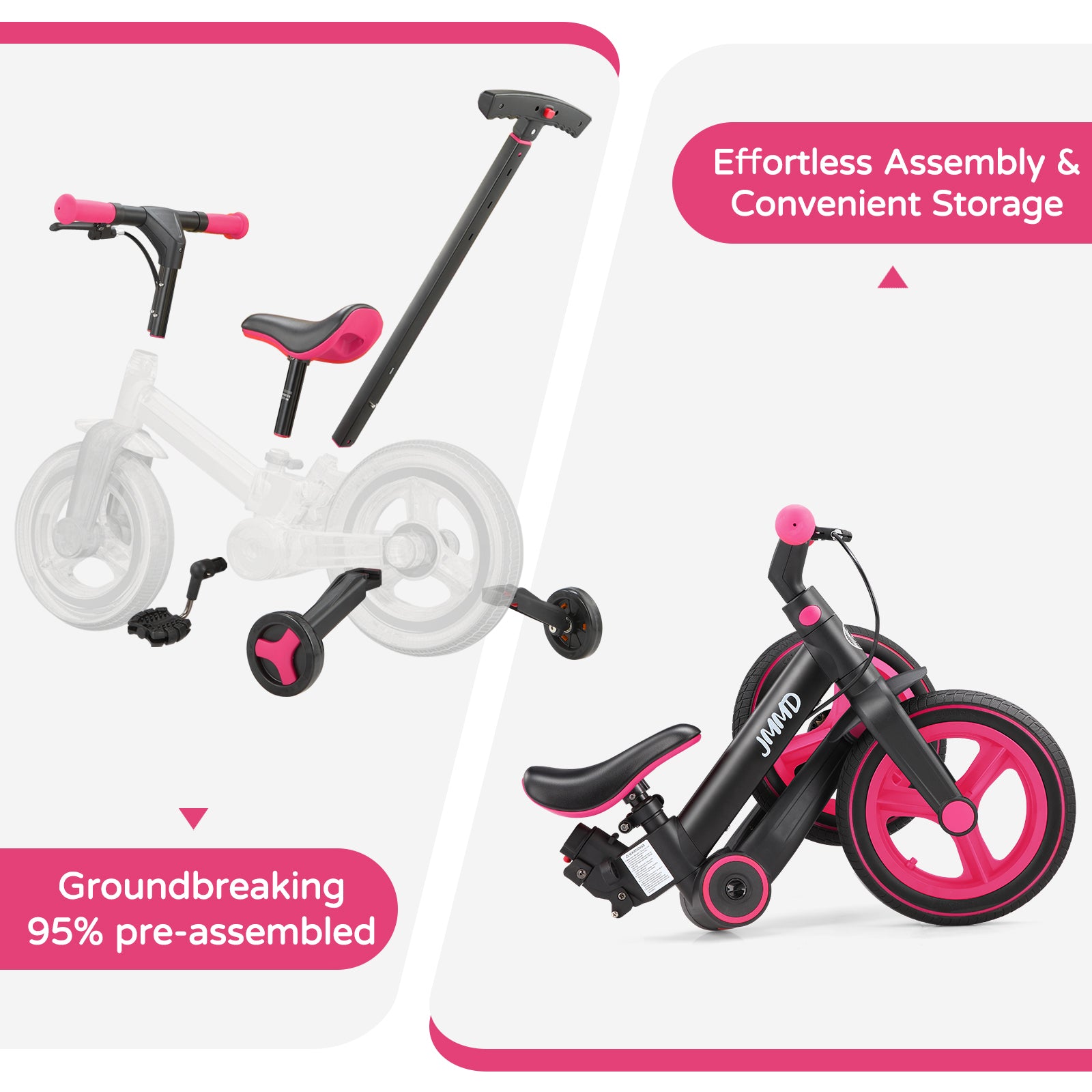 #color_black-neon-pink JMMD S900 toddler bike in Black & Neon Pink showing pre-assembled design, removable parts, and convenient storage