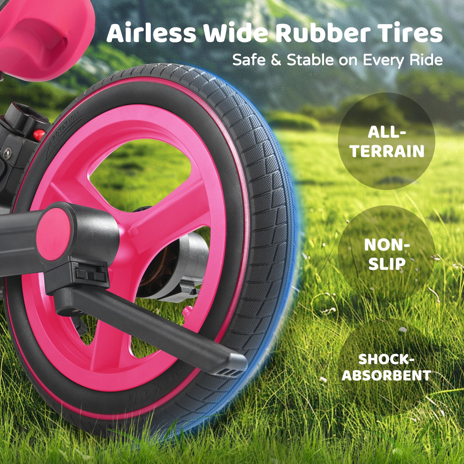 #color_black-neon-pink Close-up of JMMD S900 toddler bike in Black & Neon Pink with airless wide rubber tires for all-terrain riding