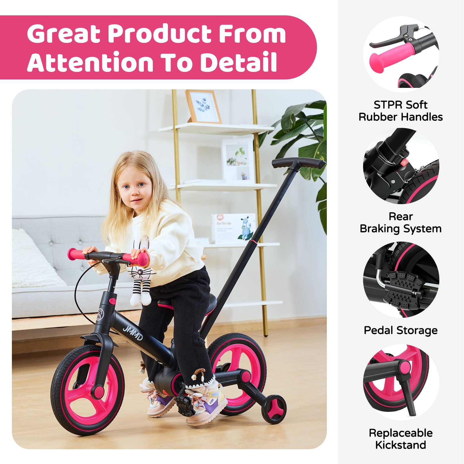 #color_black-neon-pink JMMD S900 toddler bike in Black & Neon Pink showing soft rubber handles, rear braking system, pedal storage, and replaceable kickstand