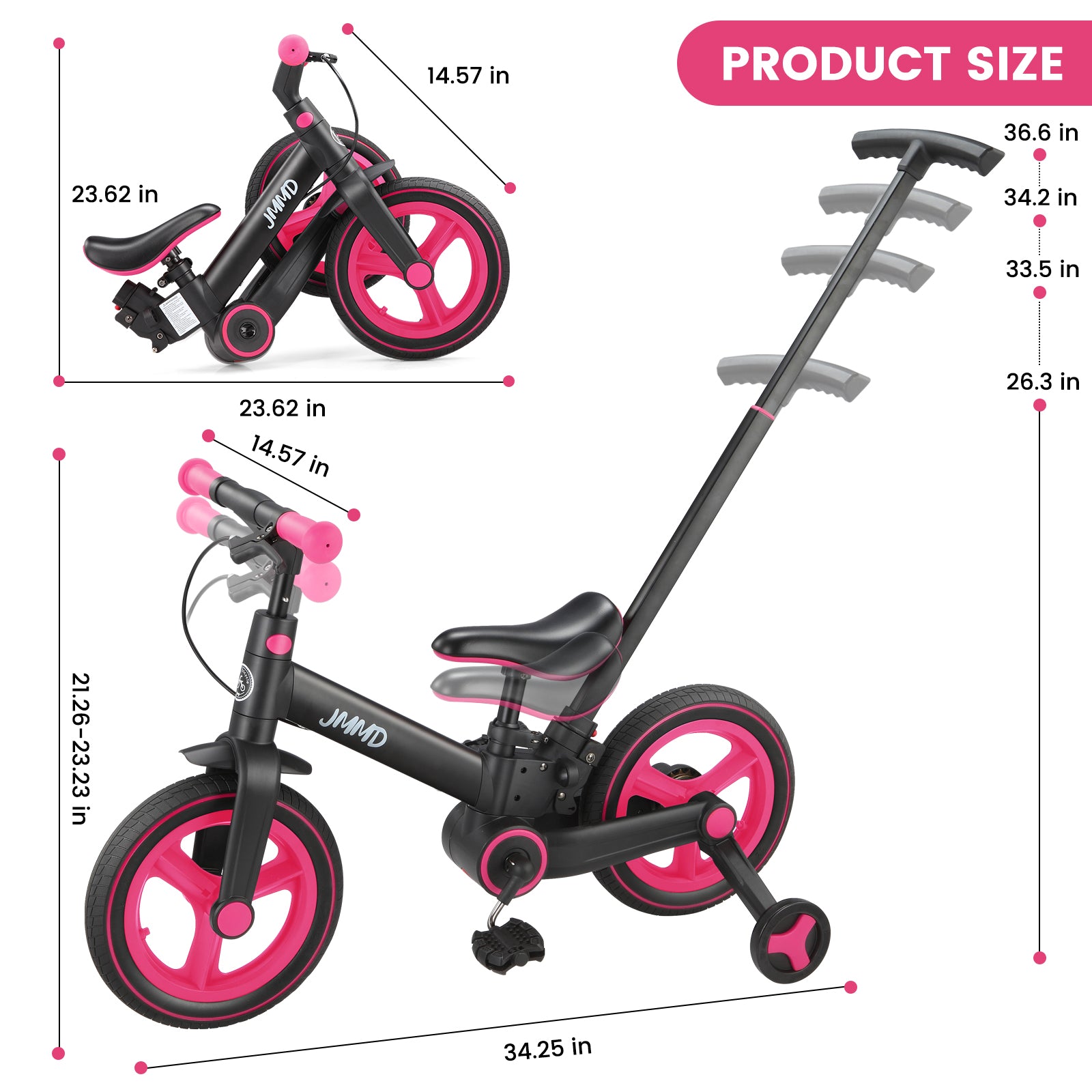 #color_black-neon-pink JMMD S900 toddler bike in Black & Neon Pink product size chart with adjustable handlebar, seat, and parent push handle dimensions