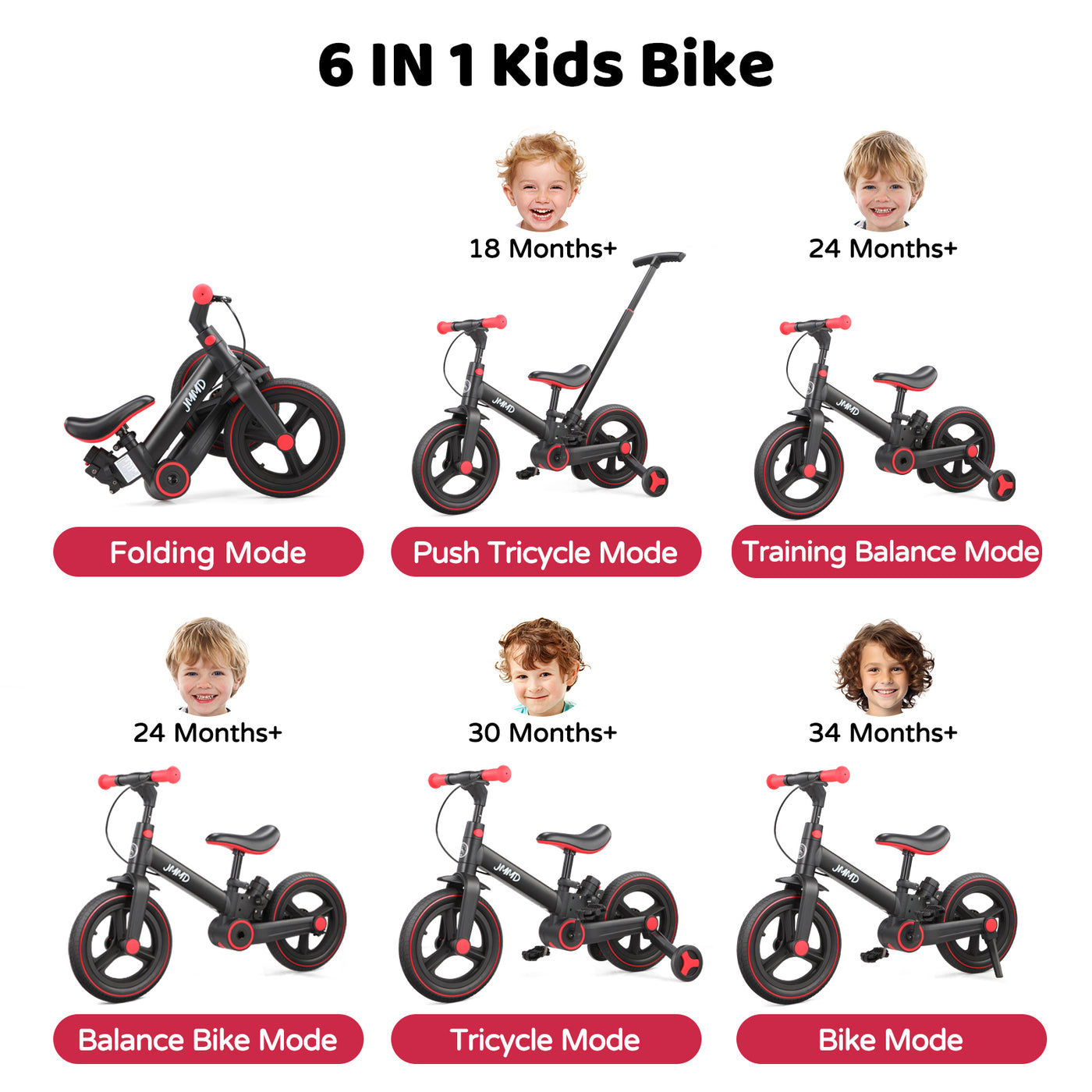 #color_black-red JMMD S900 6-in-1 toddler bike in Black & Red showing folding, push tricycle, training balance, balance bike, tricycle, and bike modes