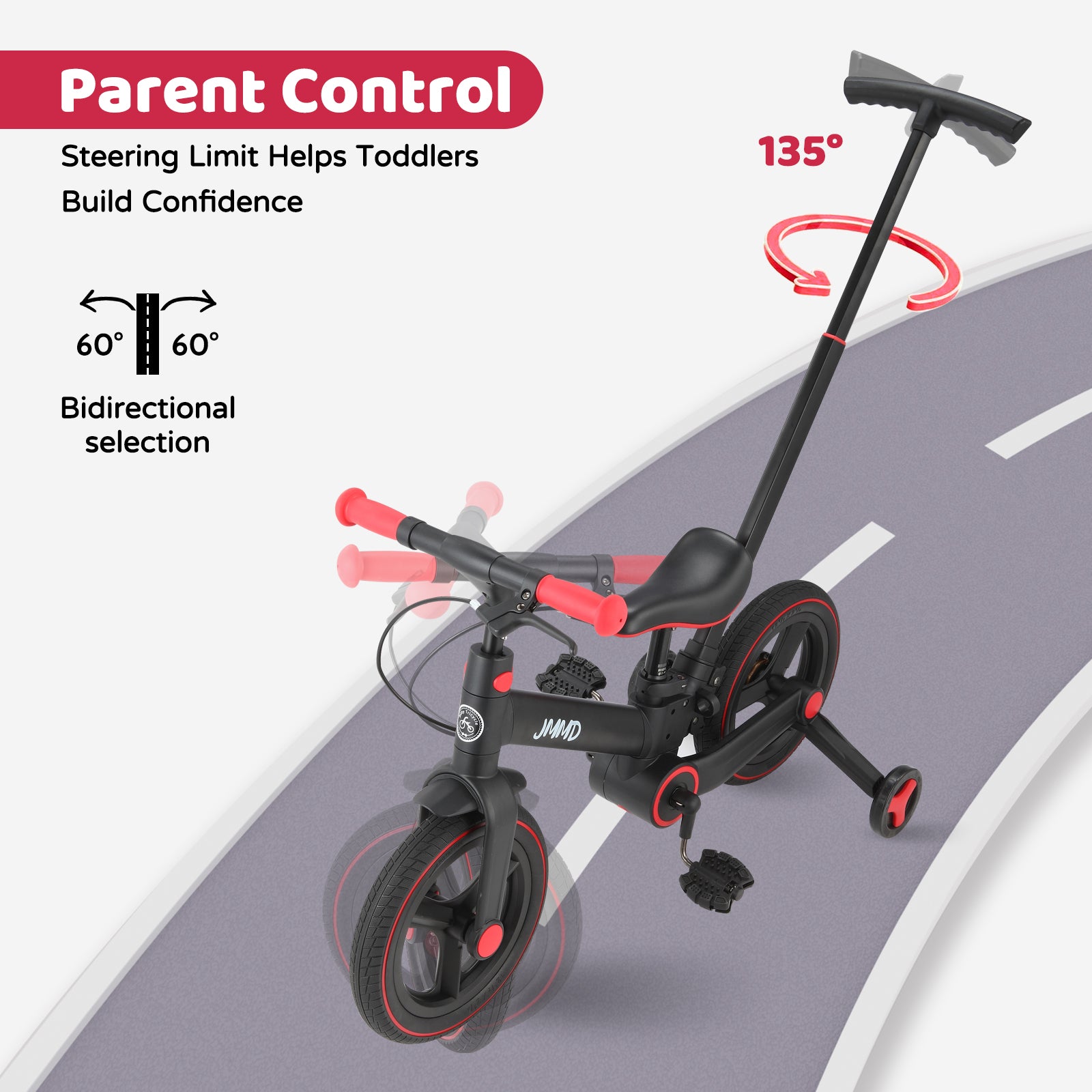 #color_black-red JMMD S900 toddler bike in Black & Red showing parent control push handle and steering limit