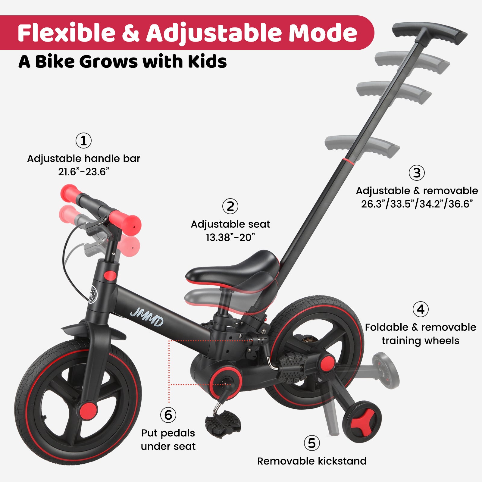 #color_black-red JMMD S900 grow-with-me toddler bike in Black & Red showing adjustable handlebar, adjustable seat, removable parent push handle, training wheels, kickstand, and pedal storage