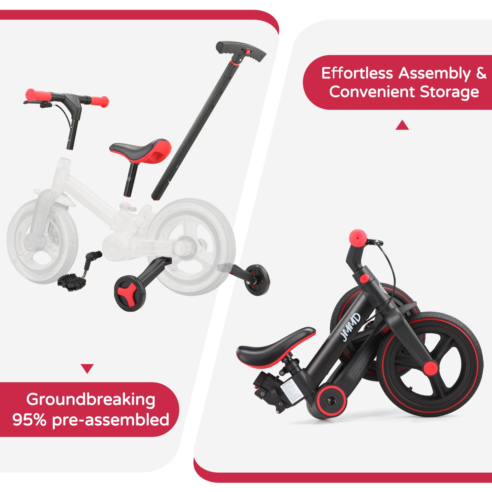 #color_black-red JMMD S900 toddler bike in Black & Red showing pre-assembled design, removable parts, and convenient storage