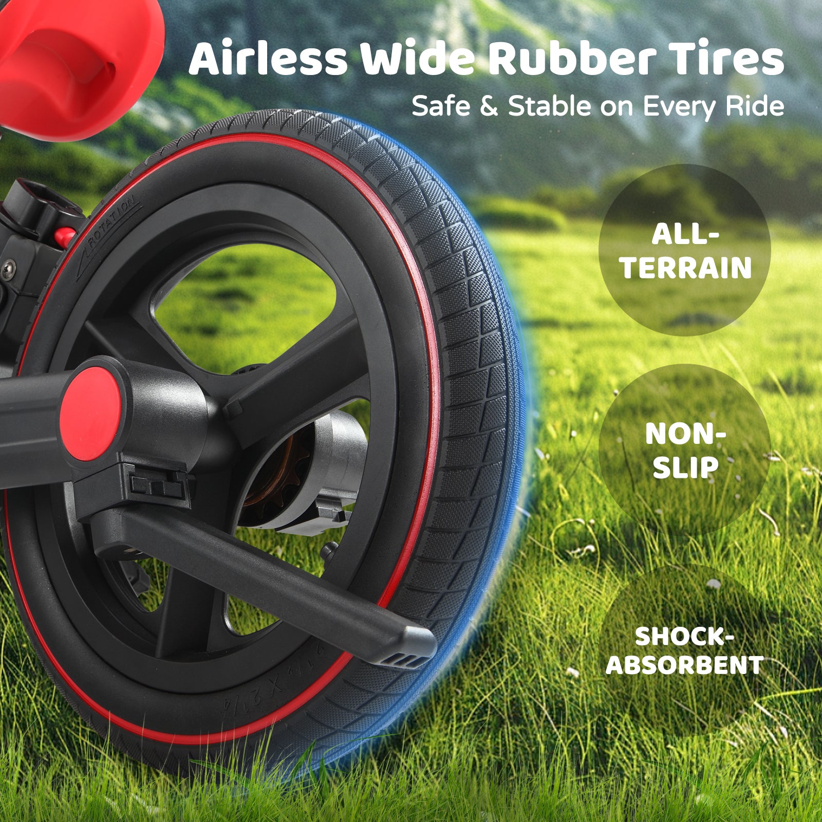 #color_black-red Close-up of JMMD S900 toddler bike in Black & Red with airless wide rubber tires for all-terrain riding