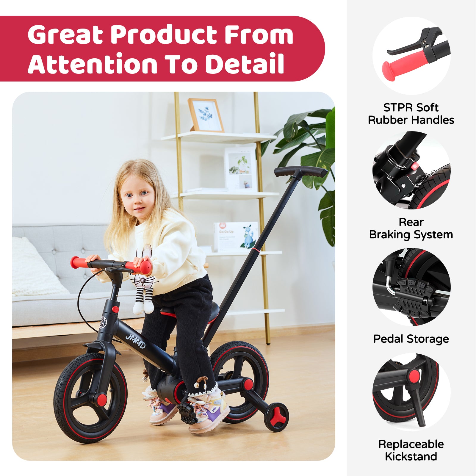#color_black-red JMMD S900 toddler bike in Black & Red showing soft rubber handles, rear braking system, pedal storage, and replaceable kickstand