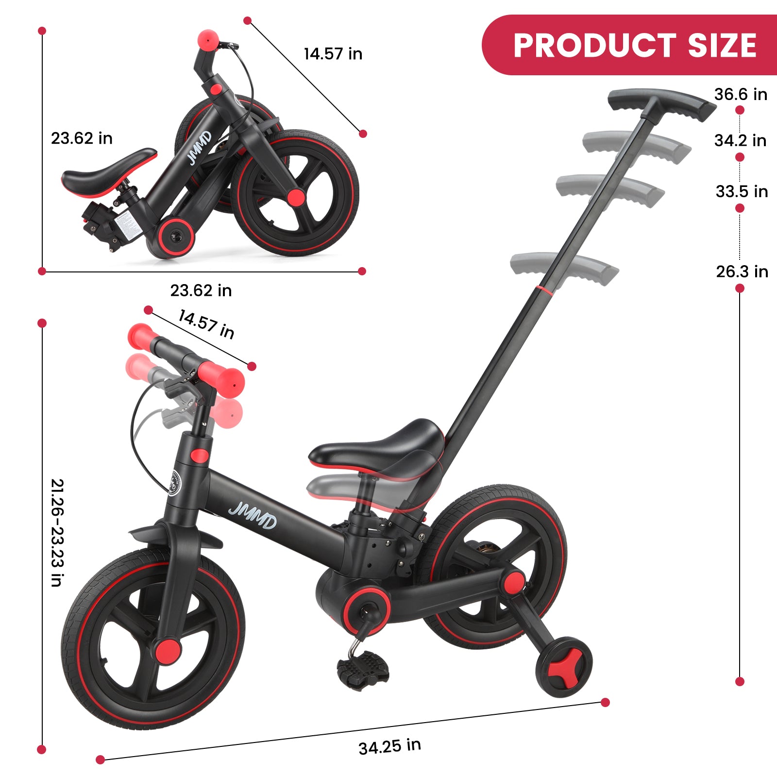 #color_black-red JMMD S900 toddler bike in Black & Red product size chart with adjustable handlebar, seat, and parent push handle dimensions