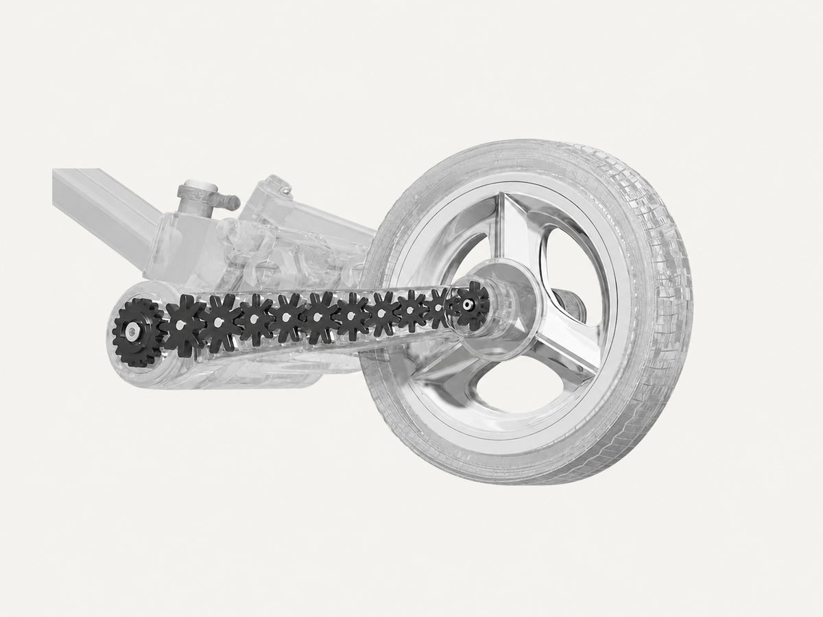 Transparent view of the JMMD S900 enclosed chainless drivetrain and rear wheel with extended vertical background space