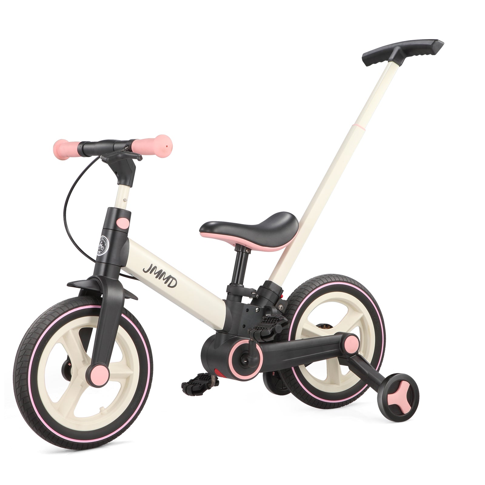 #color_cream-light-pink JMMD S900 6-in-1 toddler bike in Cream & Light Pink with parent push handle and training wheels