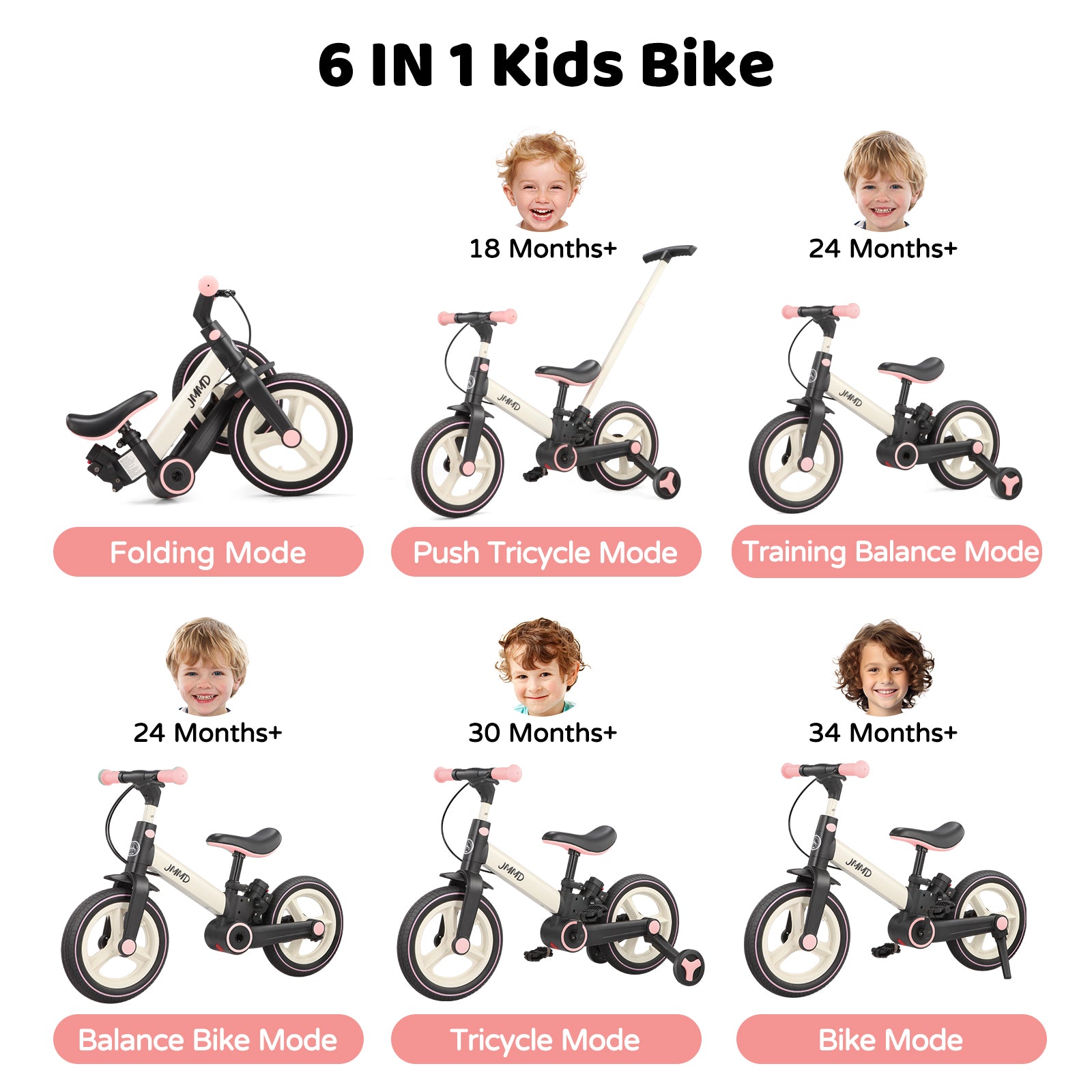 #color_cream-light-pink JMMD S900 6-in-1 toddler bike in Cream & Light Pink showing folding, push tricycle, training balance, balance bike, tricycle, and bike modes