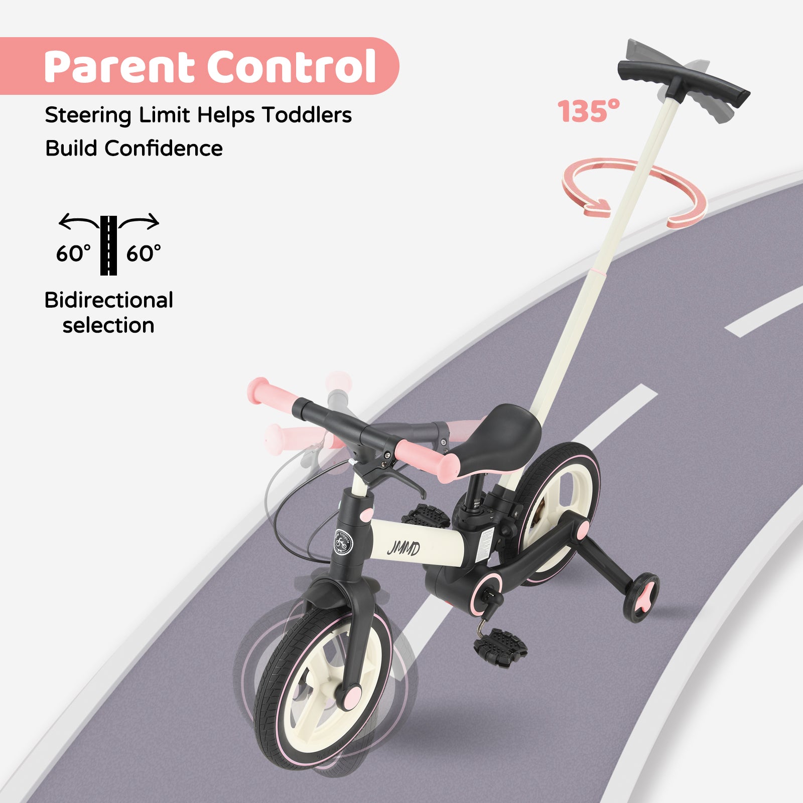 #color_cream-light-pink JMMD S900 toddler bike in Cream & Light Pink showing parent control push handle and steering limit
