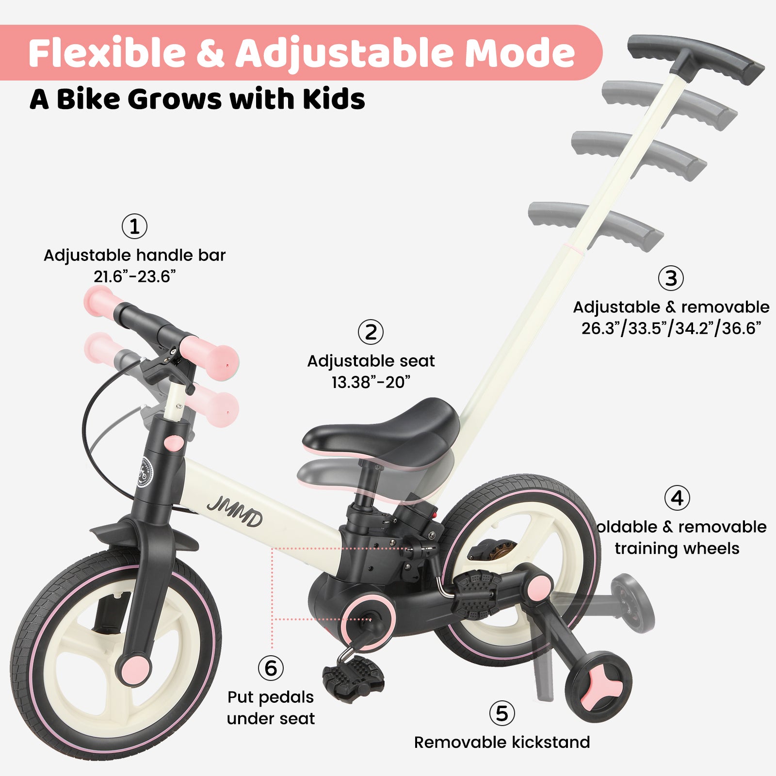 #color_cream-light-pink JMMD S900 grow-with-me toddler bike in Cream & Light Pink showing adjustable handlebar, adjustable seat, removable parent push handle, training wheels, kickstand, and pedal storage