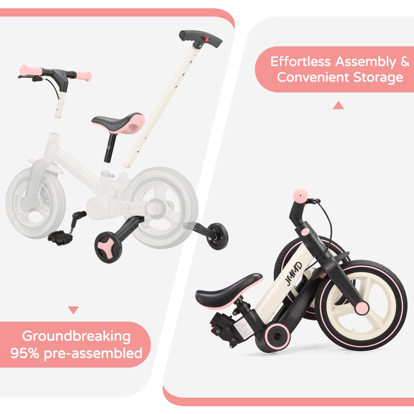 #color_cream-light-pink JMMD S900 toddler bike in Cream & Light Pink showing pre-assembled design, removable parts, and convenient storage