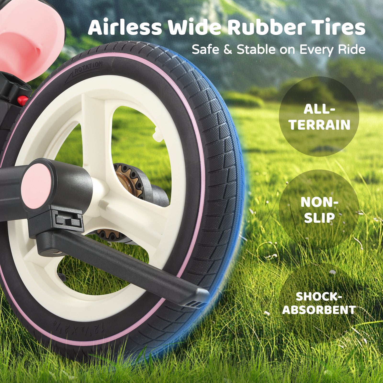 #color_cream-light-pink Close-up of JMMD S900 toddler bike in Cream & Light Pink with airless wide rubber tires for all-terrain riding