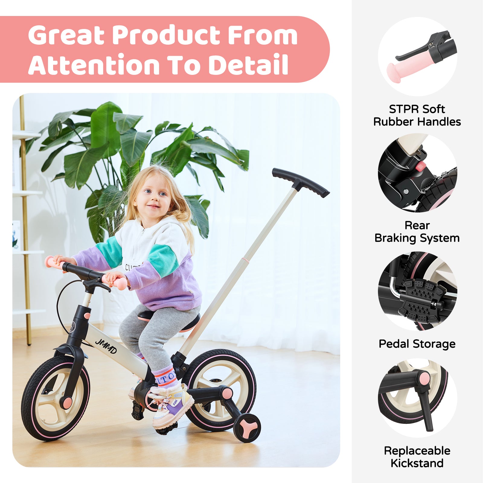 #color_cream-light-pink JMMD S900 toddler bike in Cream & Light Pink showing soft rubber handles, rear braking system, pedal storage, and replaceable kickstand