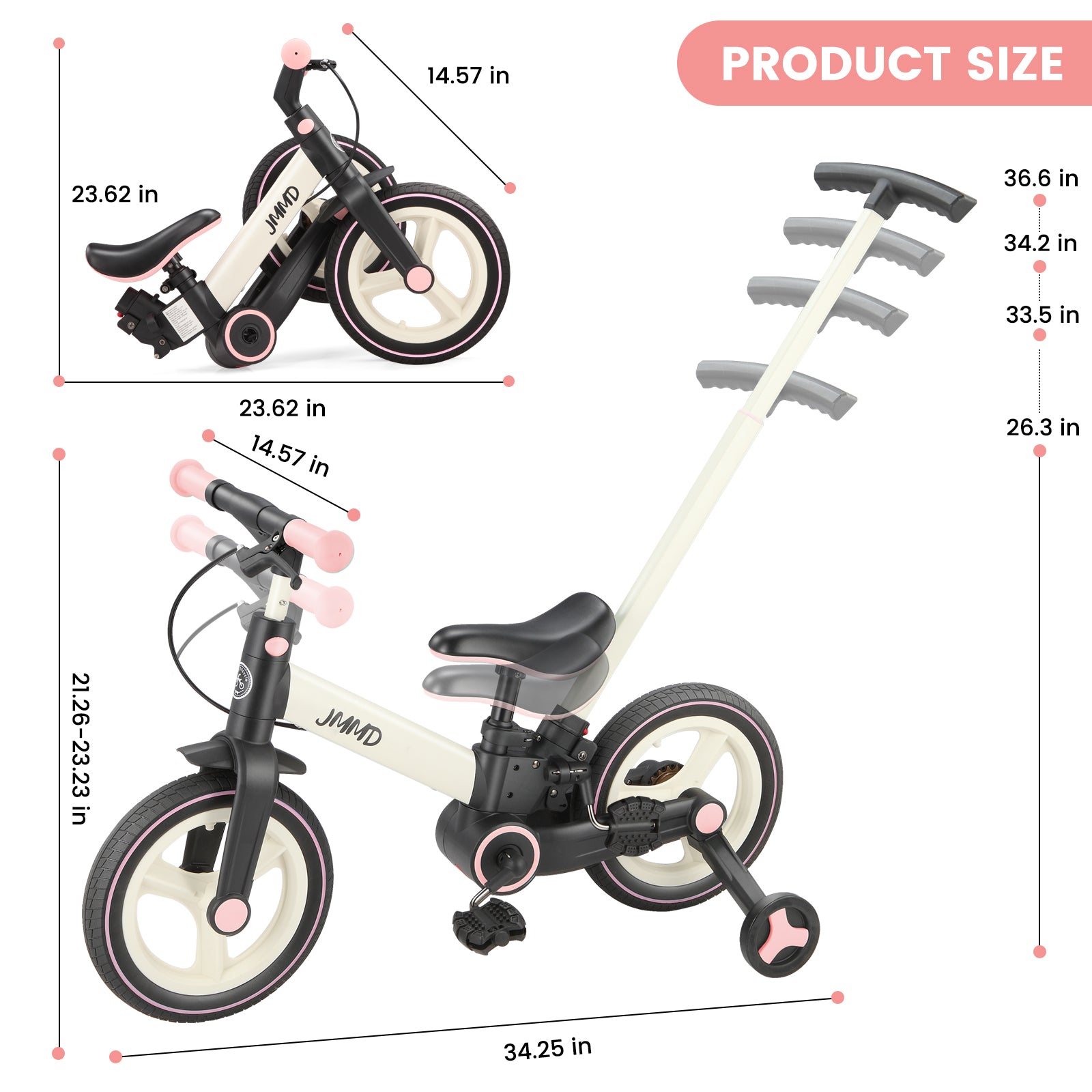 #color_cream-light-pink JMMD S900 toddler bike in Cream & Light Pink product size chart with adjustable handlebar, seat, and parent push handle dimensions