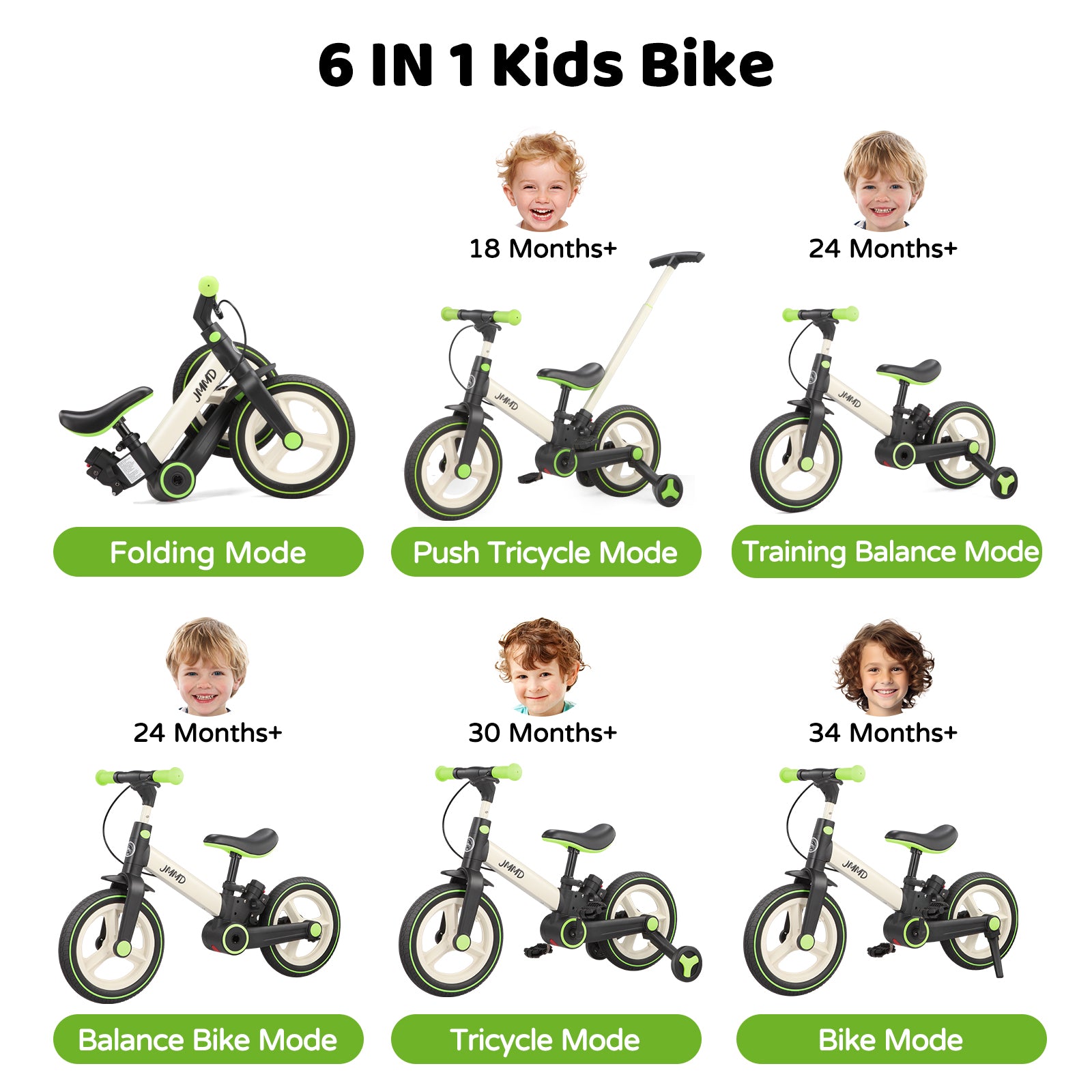 #color_cream-lime-green JMMD S900 6-in-1 toddler bike in Cream & Lime Green showing folding, push tricycle, training balance, balance bike, tricycle, and bike modes