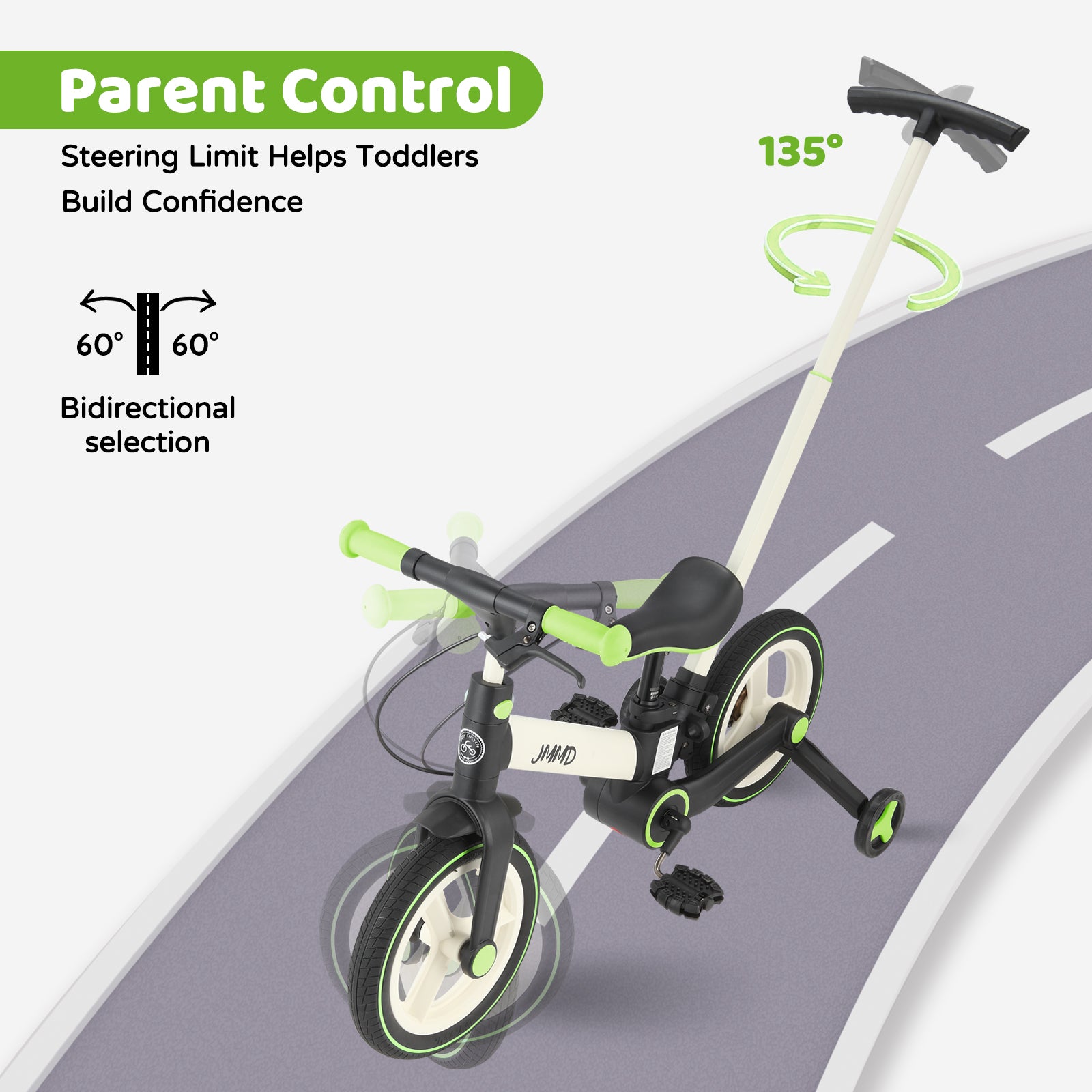 #color_cream-lime-green JMMD S900 toddler bike in Cream & Lime Green showing parent control push handle and steering limit