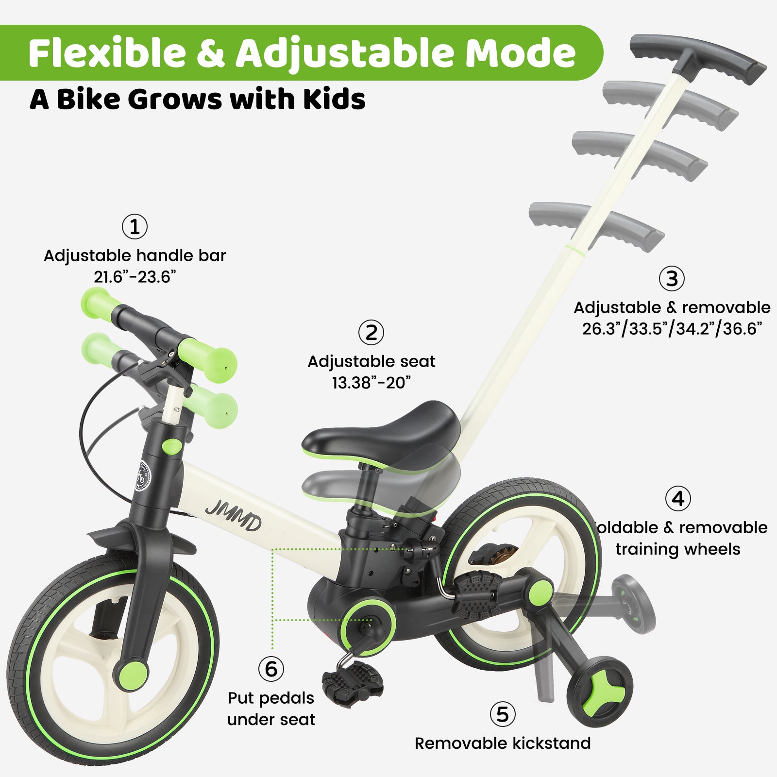#color_cream-lime-green JMMD S900 grow-with-me toddler bike in Cream & Lime Green showing adjustable handlebar, adjustable seat, removable parent push handle, training wheels, kickstand, and pedal storage