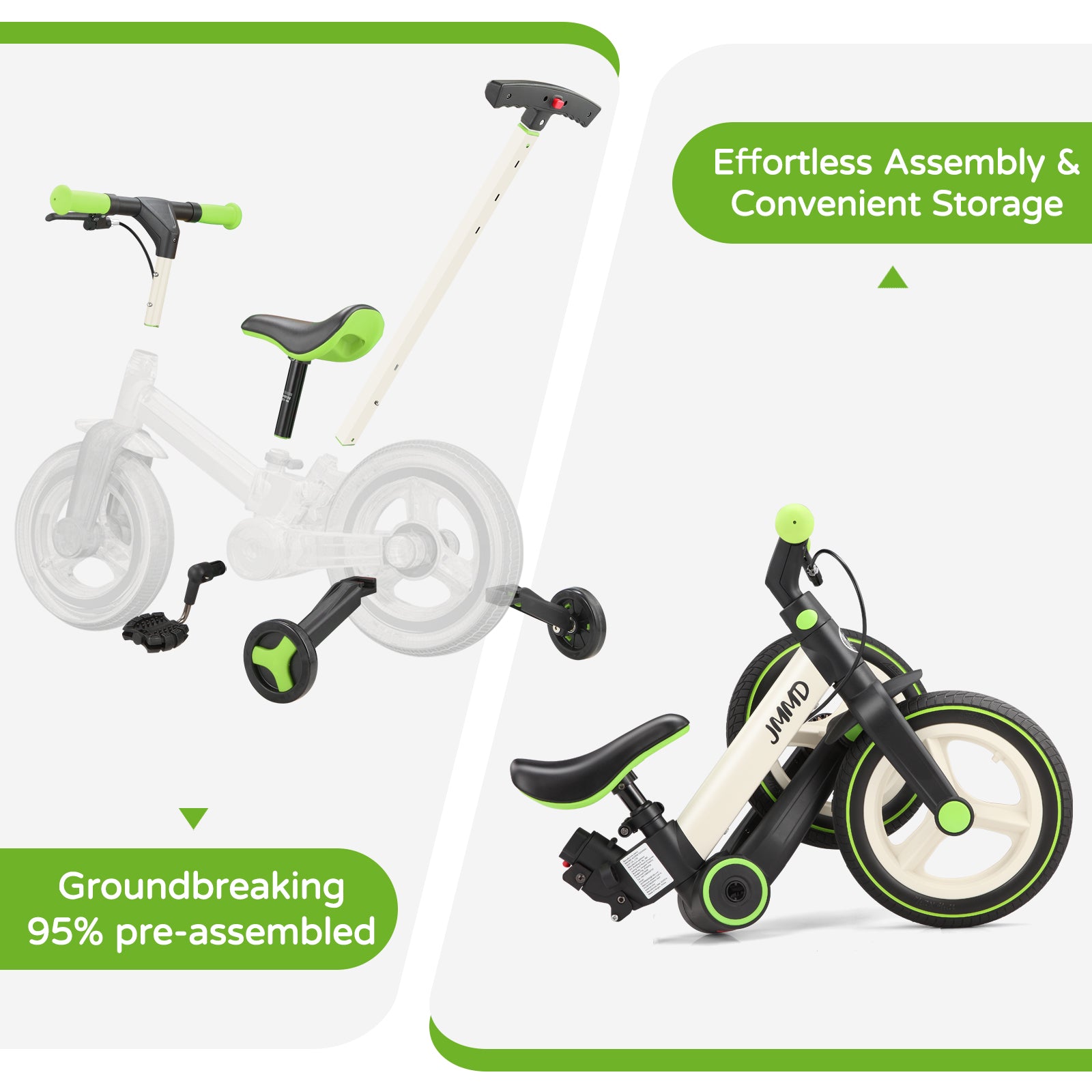 #color_cream-lime-green JMMD S900 toddler bike in Cream & Lime Green showing pre-assembled design, removable parts, and convenient storage