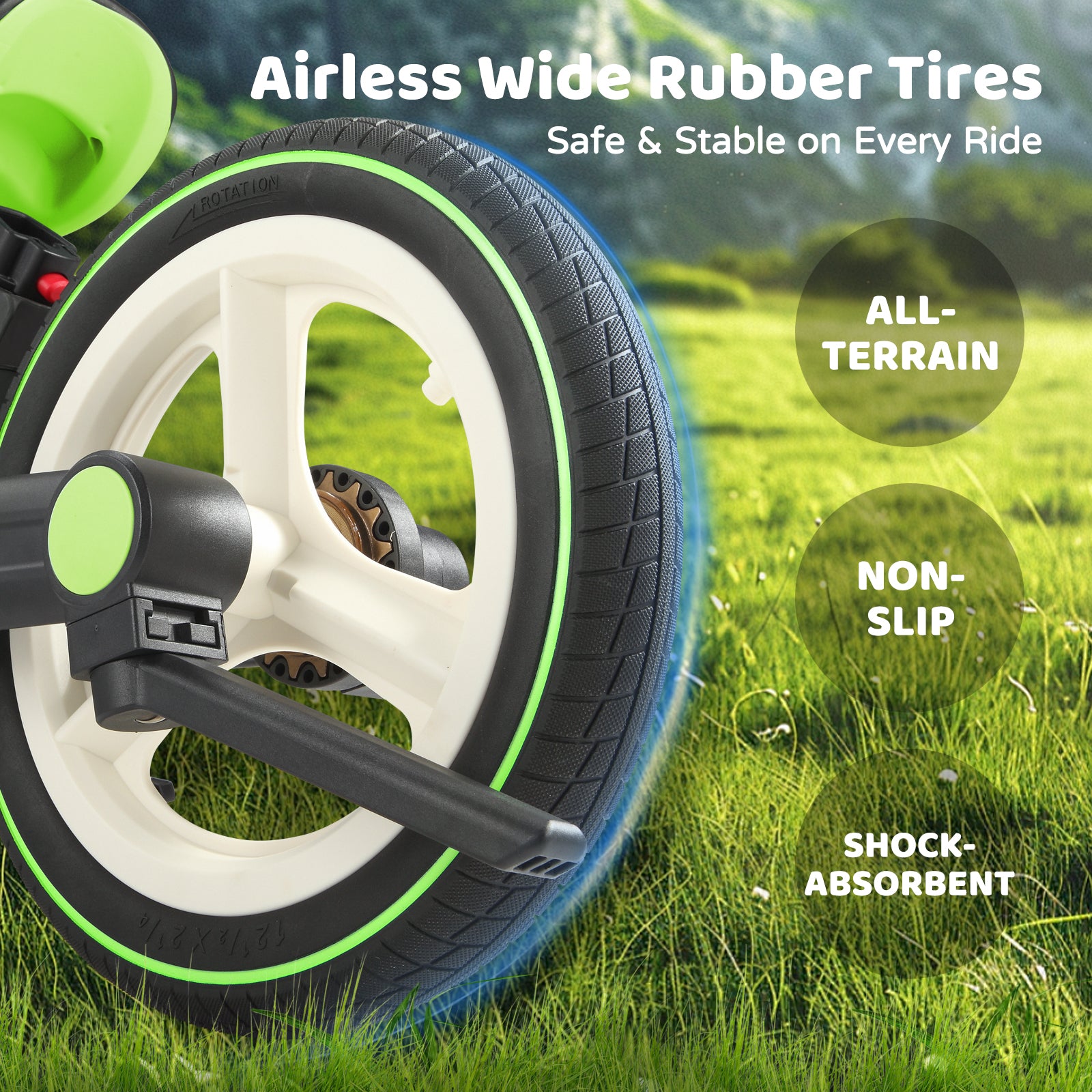 #color_cream-lime-green Close-up of JMMD S900 toddler bike in Cream & Lime Green with airless wide rubber tires for all-terrain riding