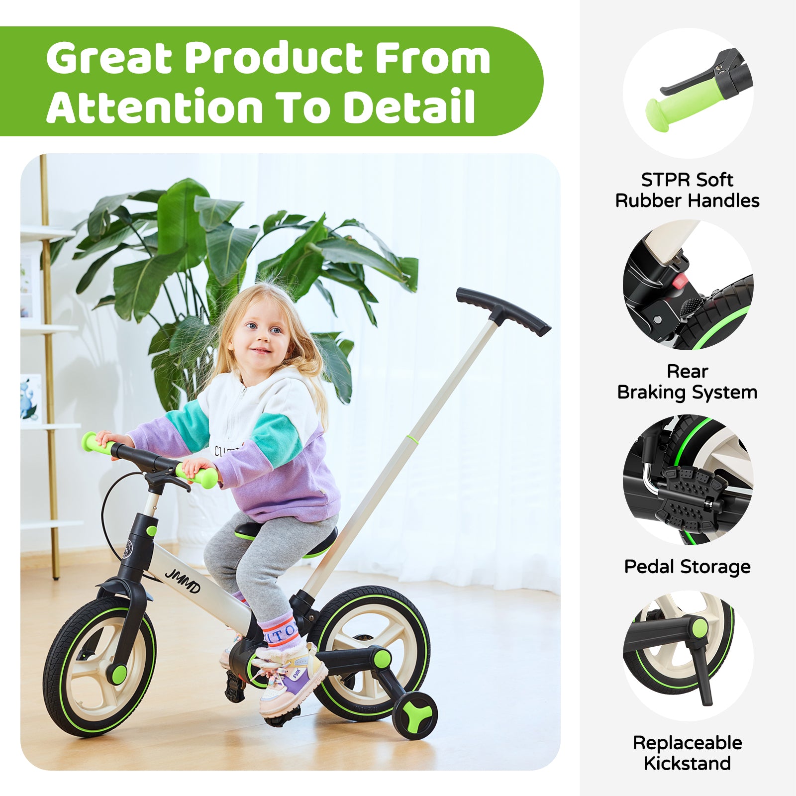 #color_cream-lime-green JMMD S900 toddler bike in Cream & Lime Green showing soft rubber handles, rear braking system, pedal storage, and replaceable kickstand