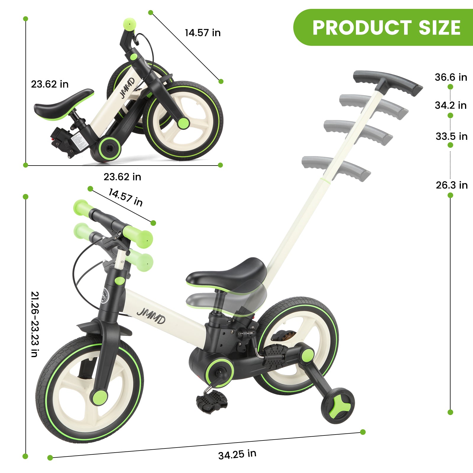 #color_cream-lime-green JMMD S900 toddler bike in Cream & Lime Green product size chart with adjustable handlebar, seat, and parent push handle dimensions