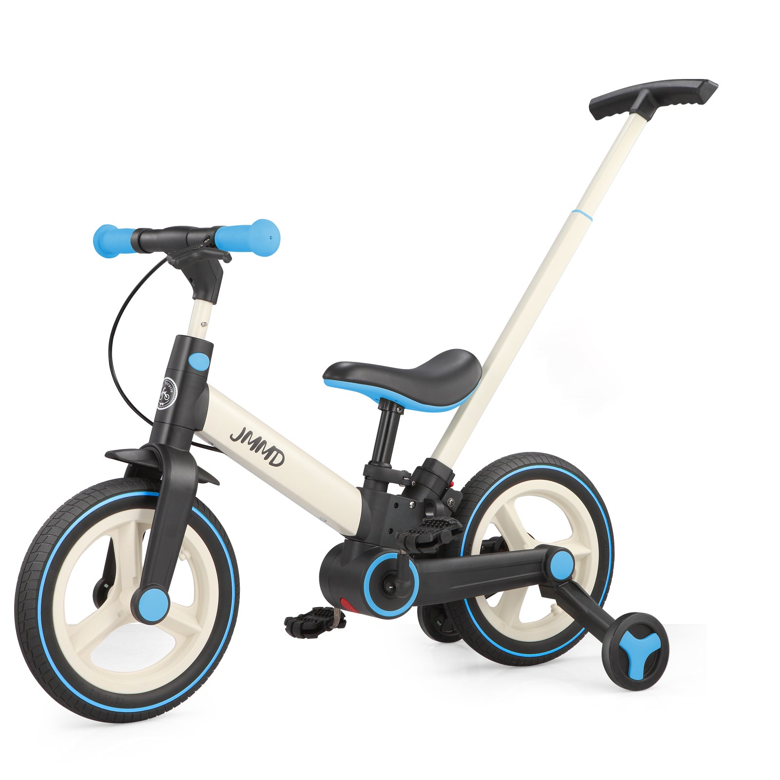 #color_cream-sky-blue JMMD S900 6-in-1 toddler bike in Cream & Sky Blue with parent push handle and training wheels