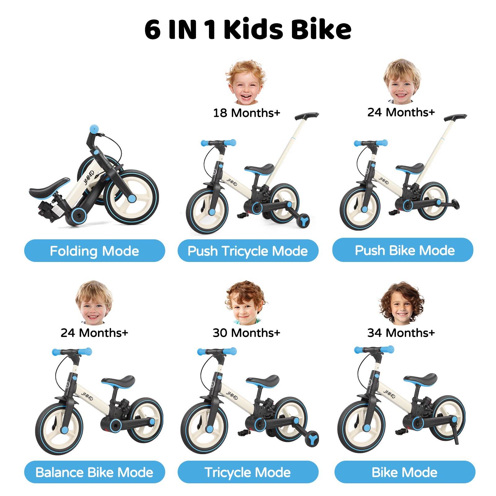 #color_cream-sky-blue JMMD S900 6-in-1 toddler bike in Cream & Sky Blue showing folding, push tricycle, training balance, balance bike, tricycle, and bike modes