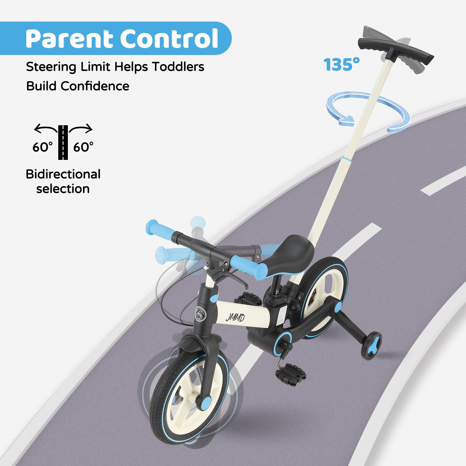 #color_cream-sky-blue JMMD S900 toddler bike in Cream & Sky Blue showing parent control push handle and steering limit