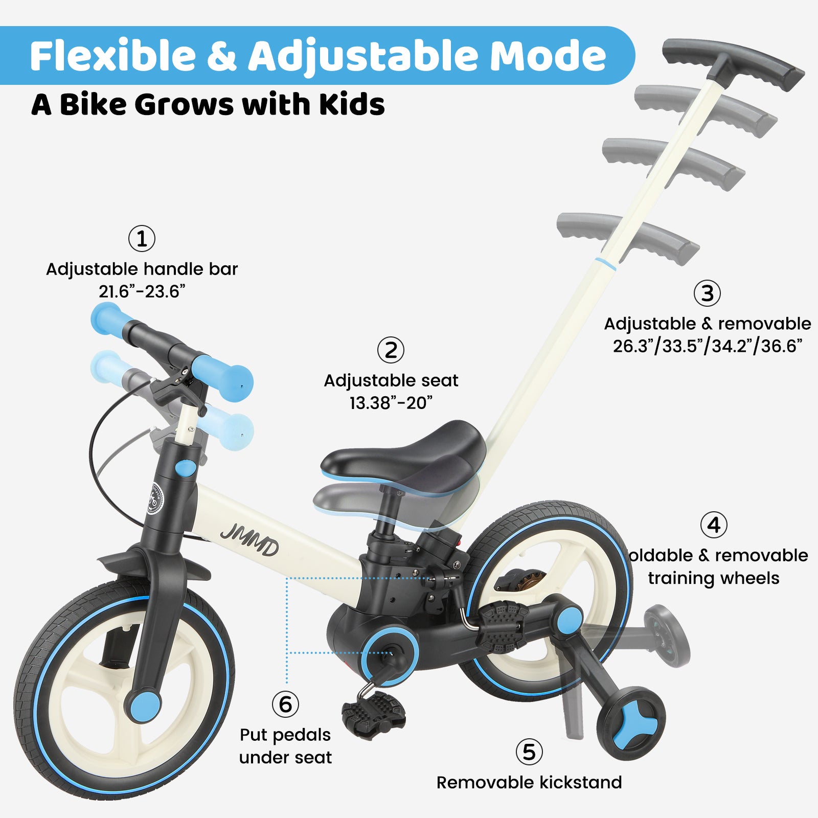 #color_cream-sky-blue JMMD S900 grow-with-me toddler bike in Cream & Sky Blue showing adjustable handlebar, adjustable seat, removable parent push handle, training wheels, kickstand, and pedal storage