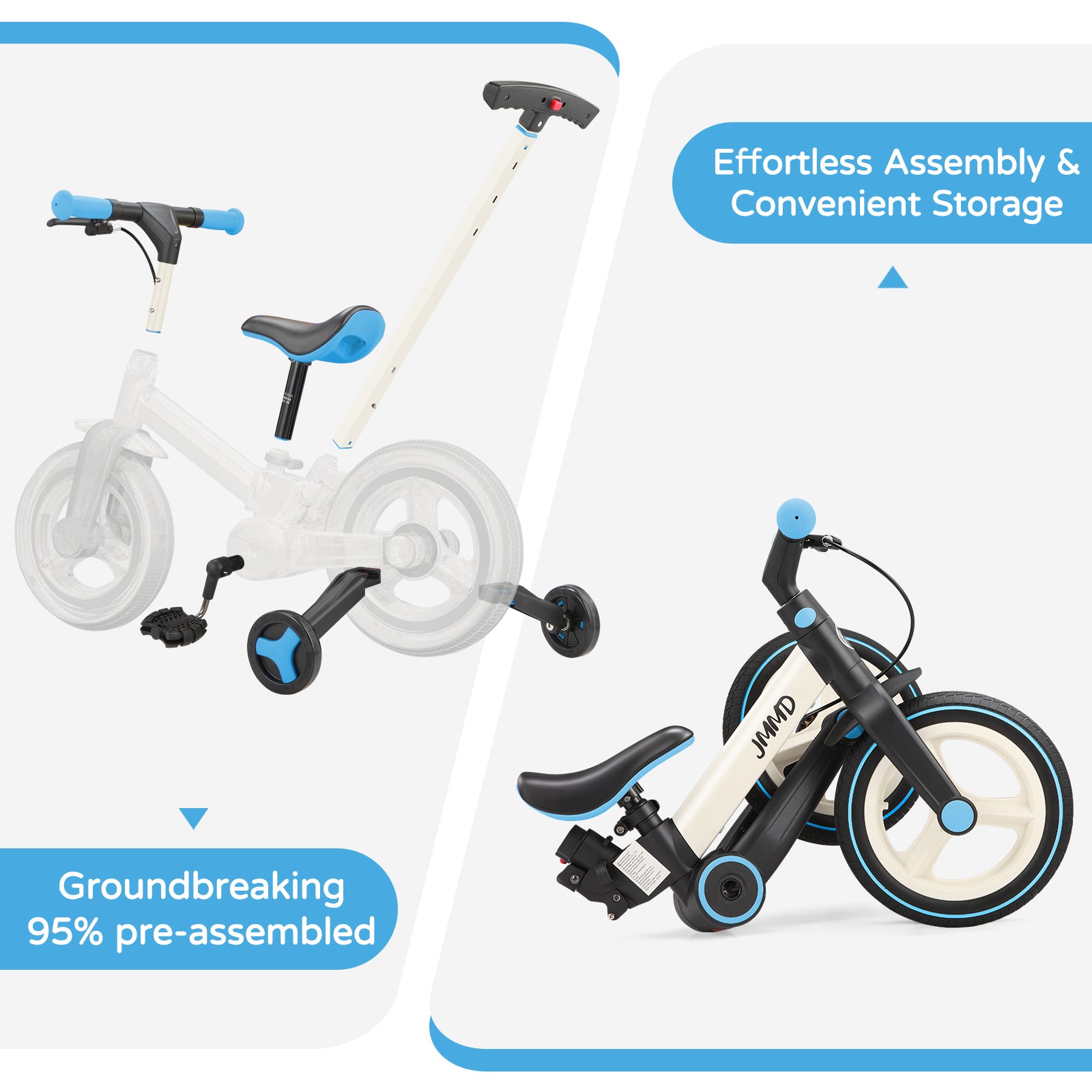 #color_cream-sky-blue JMMD S900 toddler bike in Cream & Sky Blue showing pre-assembled design, removable parts, and convenient storage