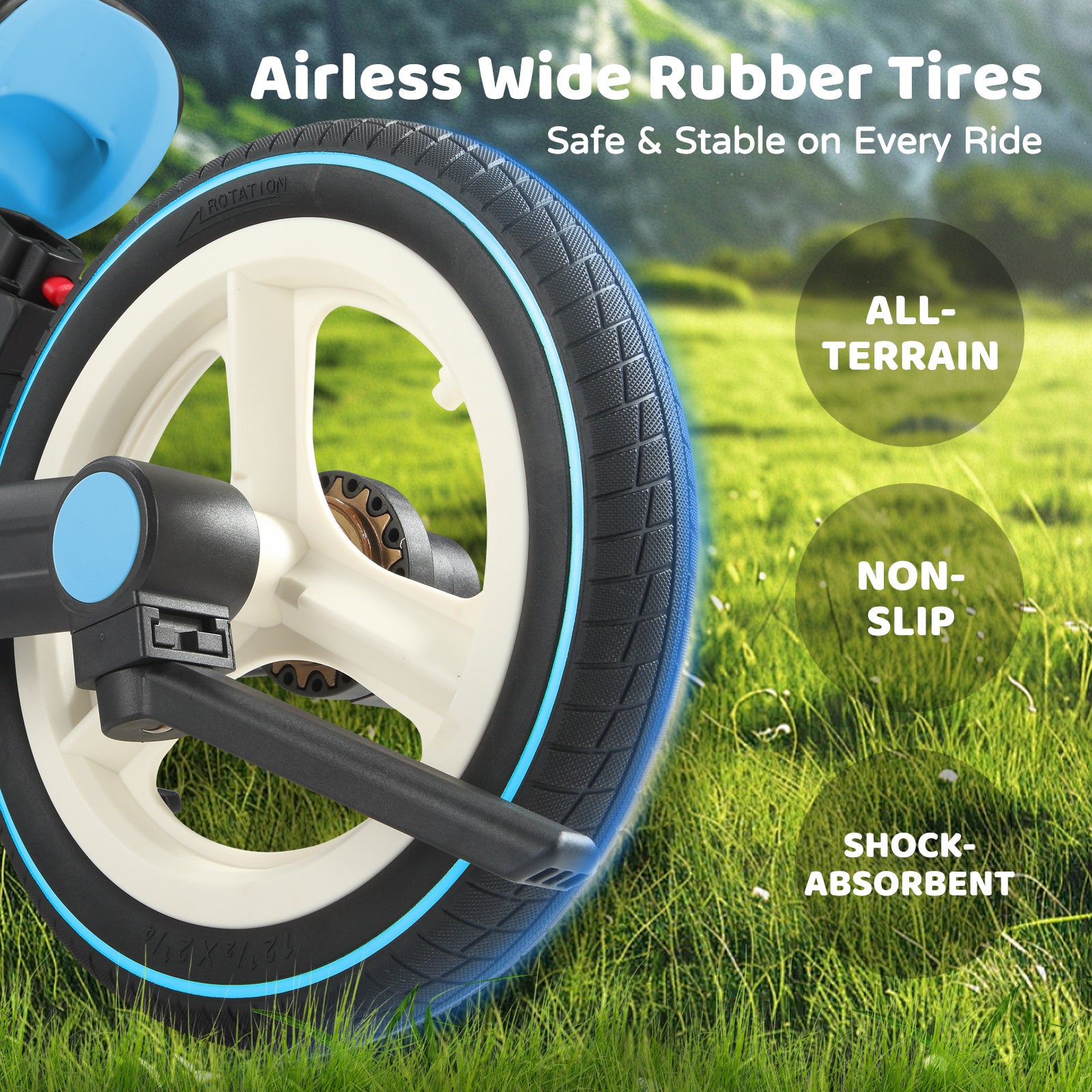 #color_cream-sky-blue Close-up of JMMD S900 toddler bike in Cream & Sky Blue with airless wide rubber tires for all-terrain riding