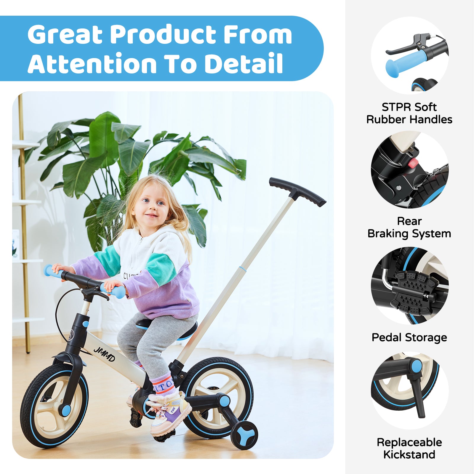 #color_cream-sky-blue JMMD S900 toddler bike in Cream & Sky Blue showing soft rubber handles, rear braking system, pedal storage, and replaceable kickstand