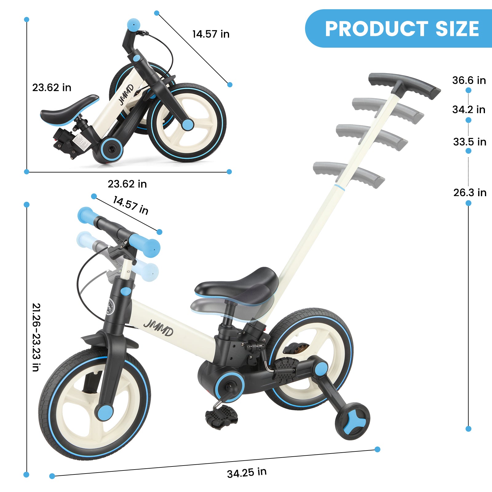 #color_cream-sky-blue JMMD S900 toddler bike in Cream & Sky Blue product size chart with adjustable handlebar, seat, and parent push handle dimensions