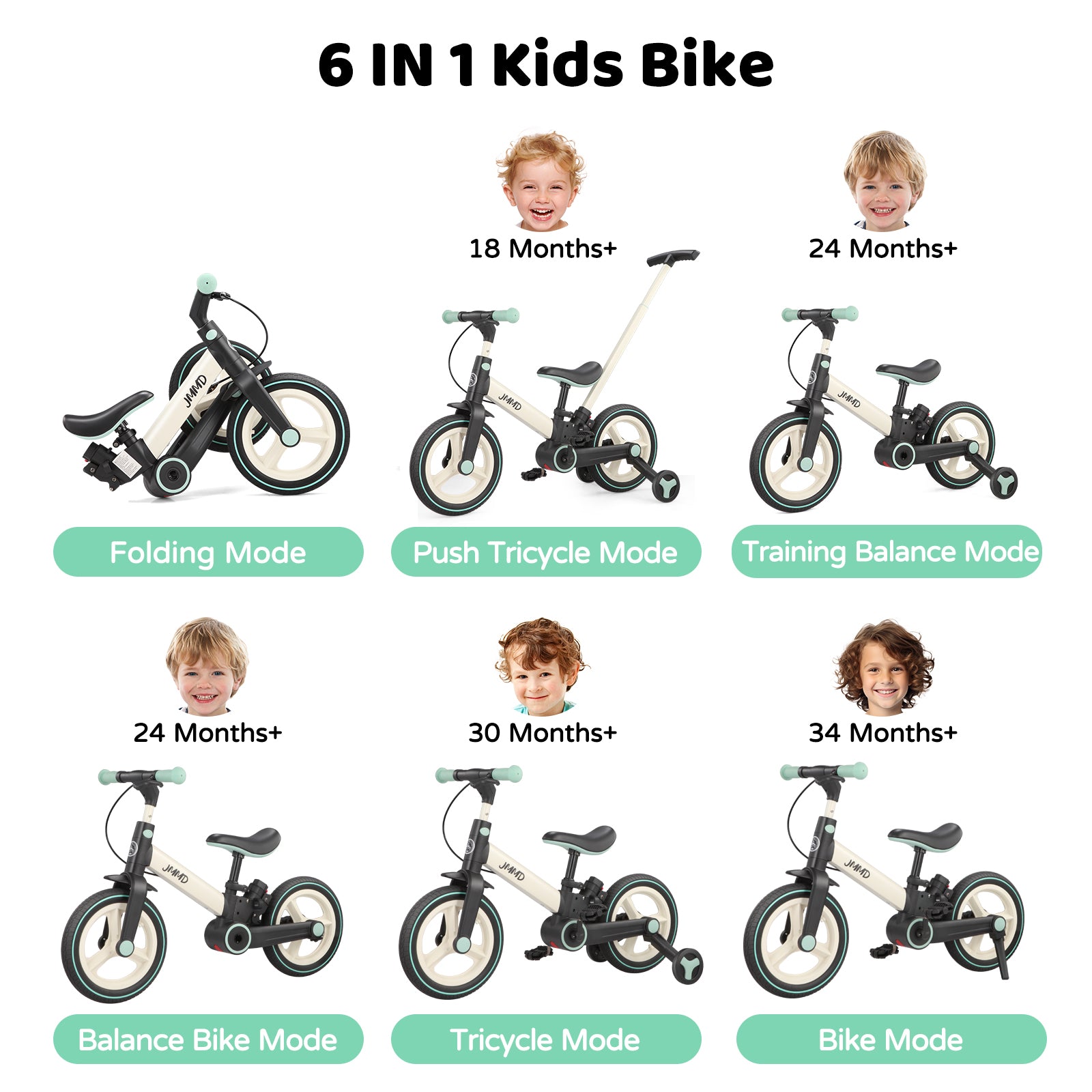 #color_cream-soft-mint JMMD S900 6-in-1 toddler bike in Cream & Soft Mint showing folding, push tricycle, training balance, balance bike, tricycle, and bike modes