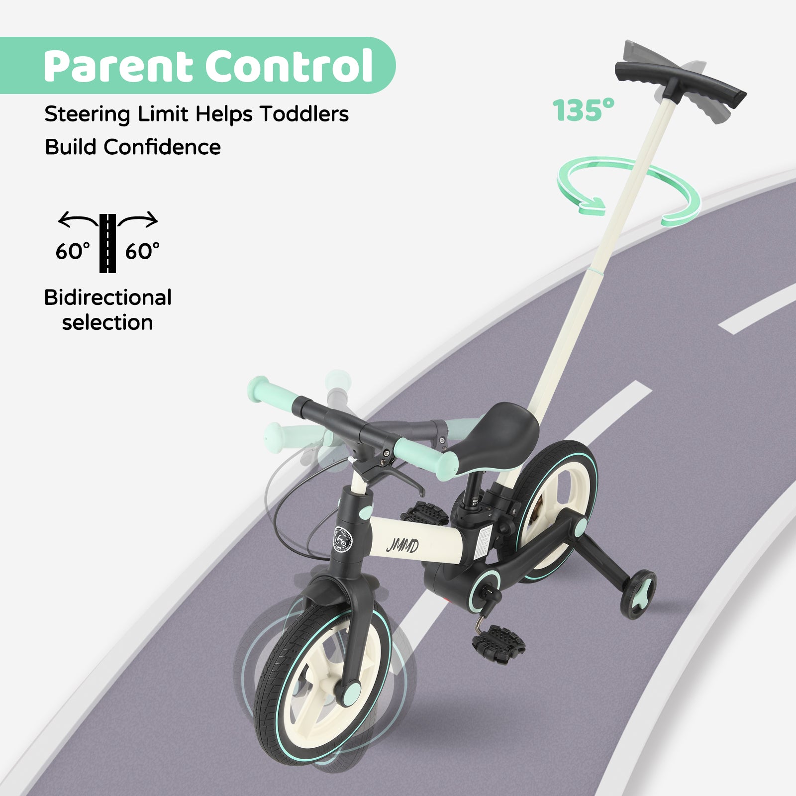 #color_cream-soft-mint JMMD S900 toddler bike in Cream & Soft Mint showing parent control push handle and steering limit