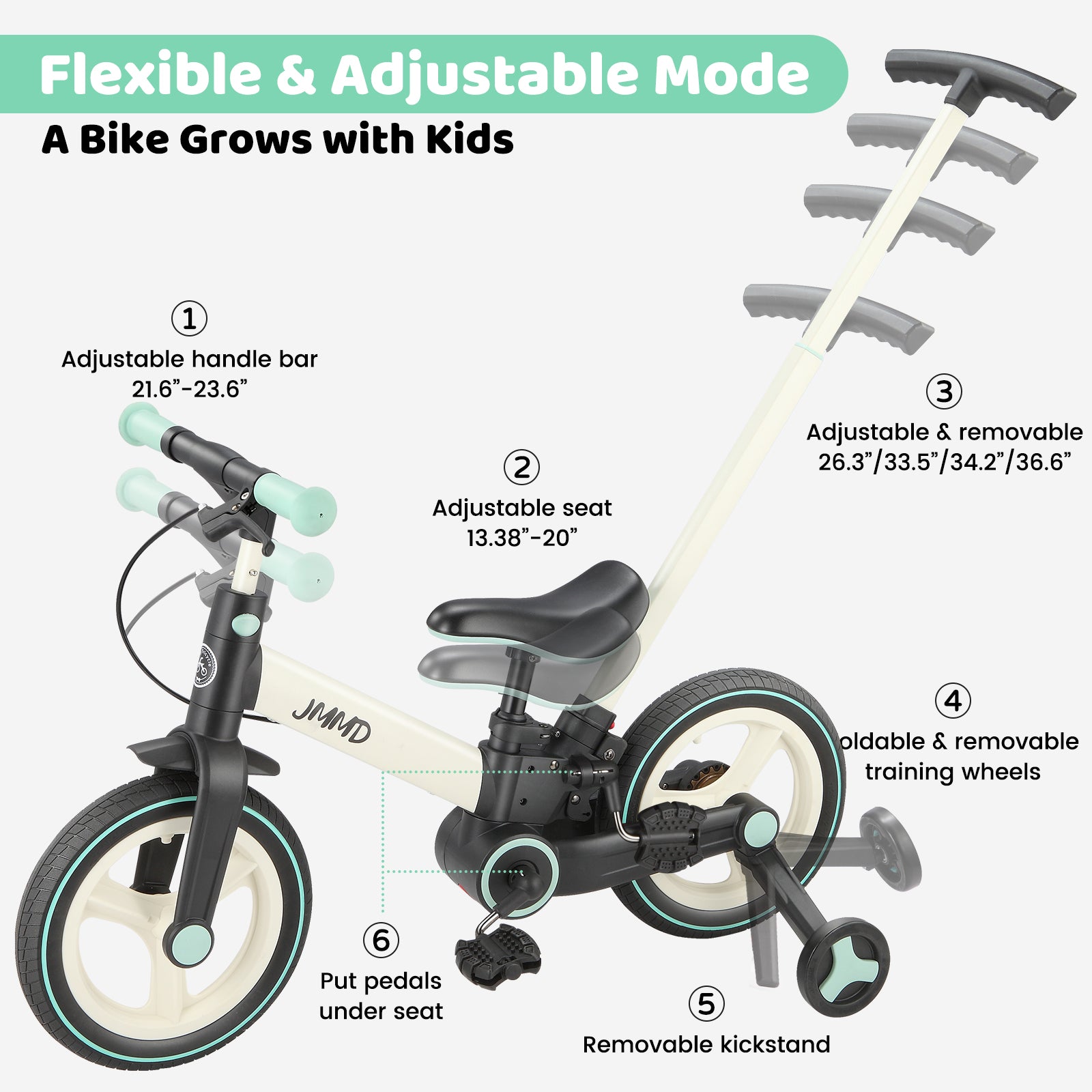#color_cream-soft-mint JMMD S900 grow-with-me toddler bike in Cream & Soft Mint showing adjustable handlebar, adjustable seat, removable parent push handle, training wheels, kickstand, and pedal storage