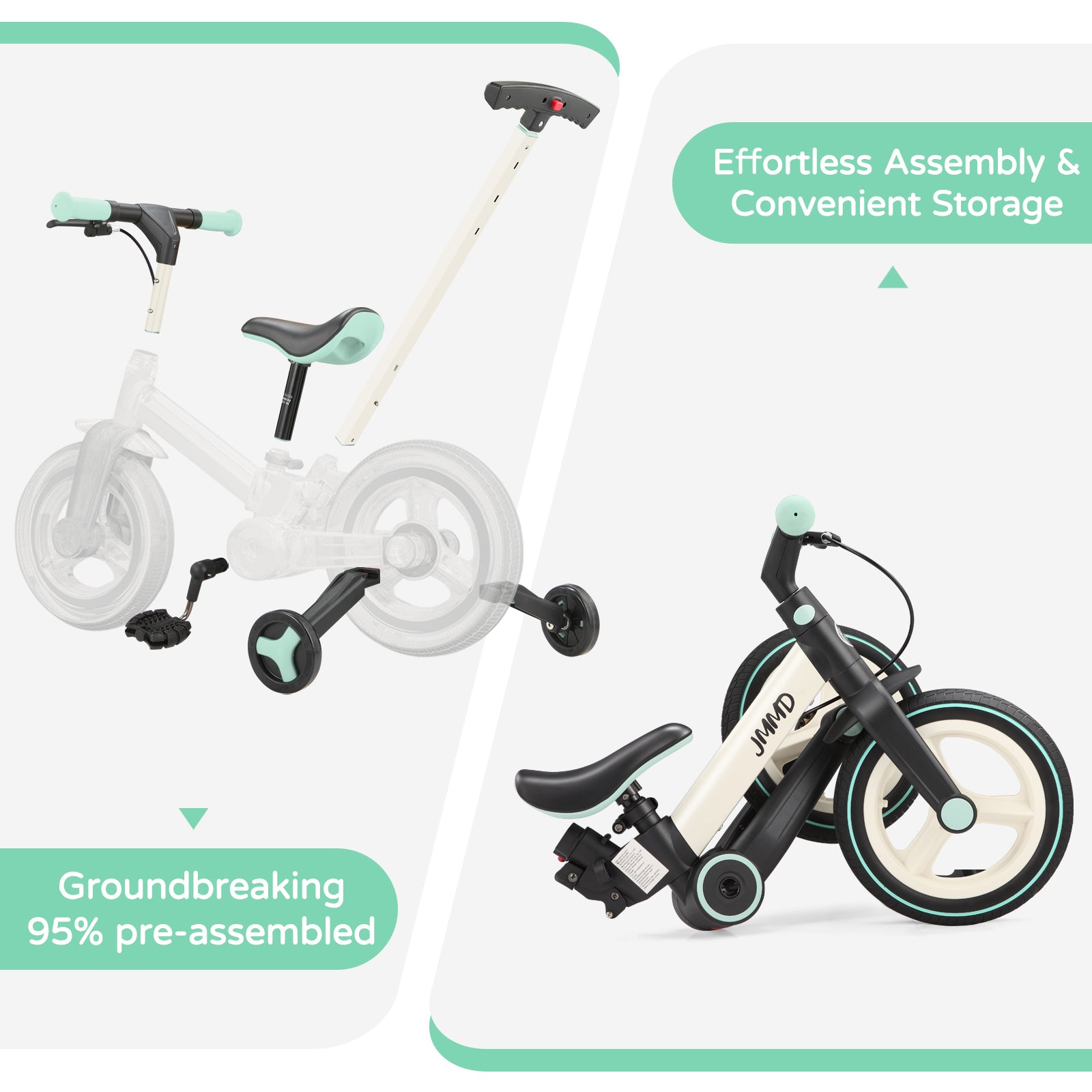 #color_cream-soft-mint JMMD S900 toddler bike in Cream & Soft Mint showing pre-assembled design, removable parts, and convenient storage