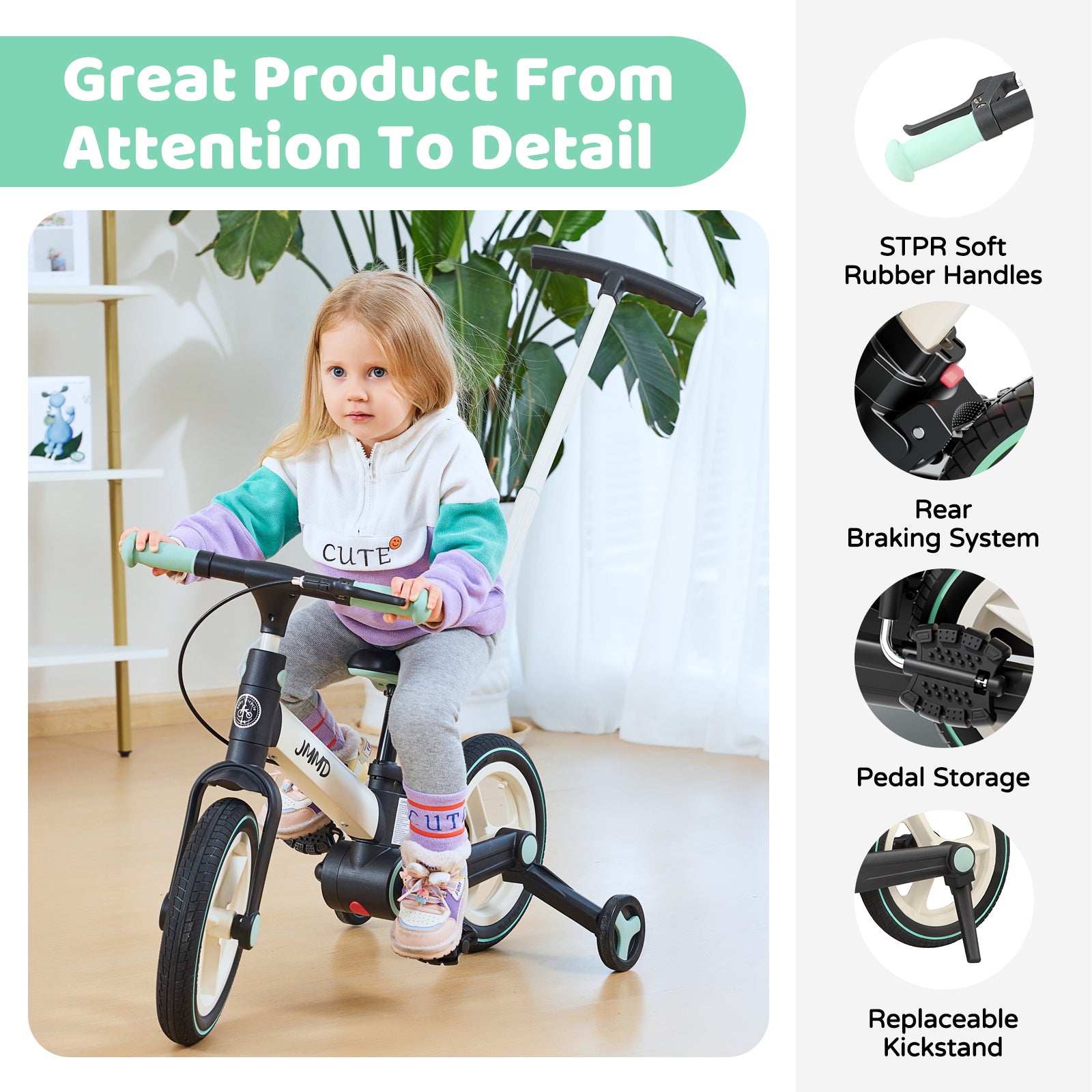 #color_cream-soft-mint JMMD S900 toddler bike in Cream & Soft Mint showing soft rubber handles, rear braking system, pedal storage, and replaceable kickstand