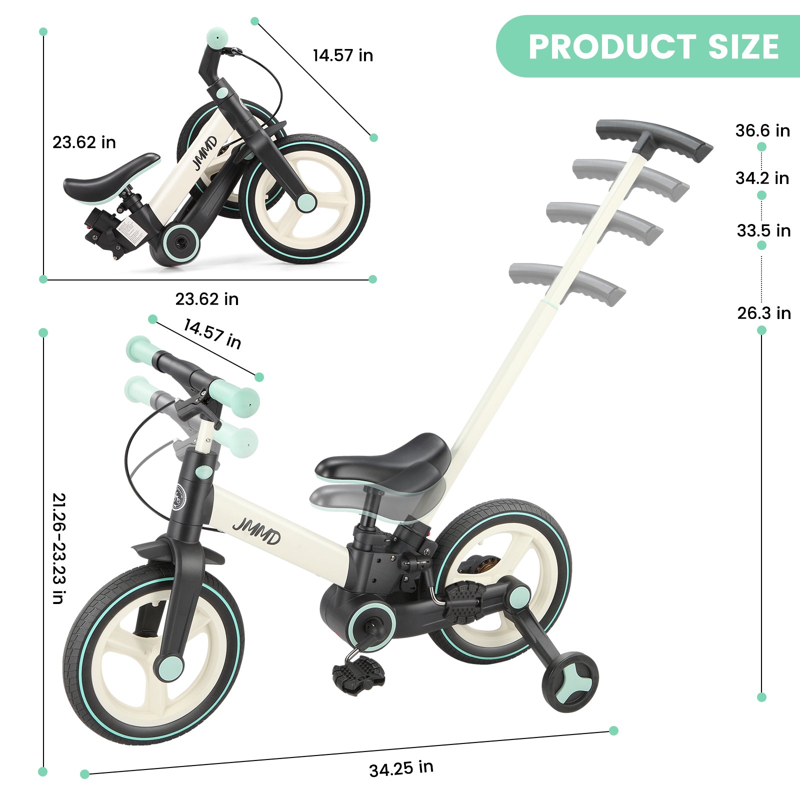 #color_cream-soft-mint JMMD S900 toddler bike in Cream & Soft Mint product size chart with adjustable handlebar, seat, and parent push handle dimensions