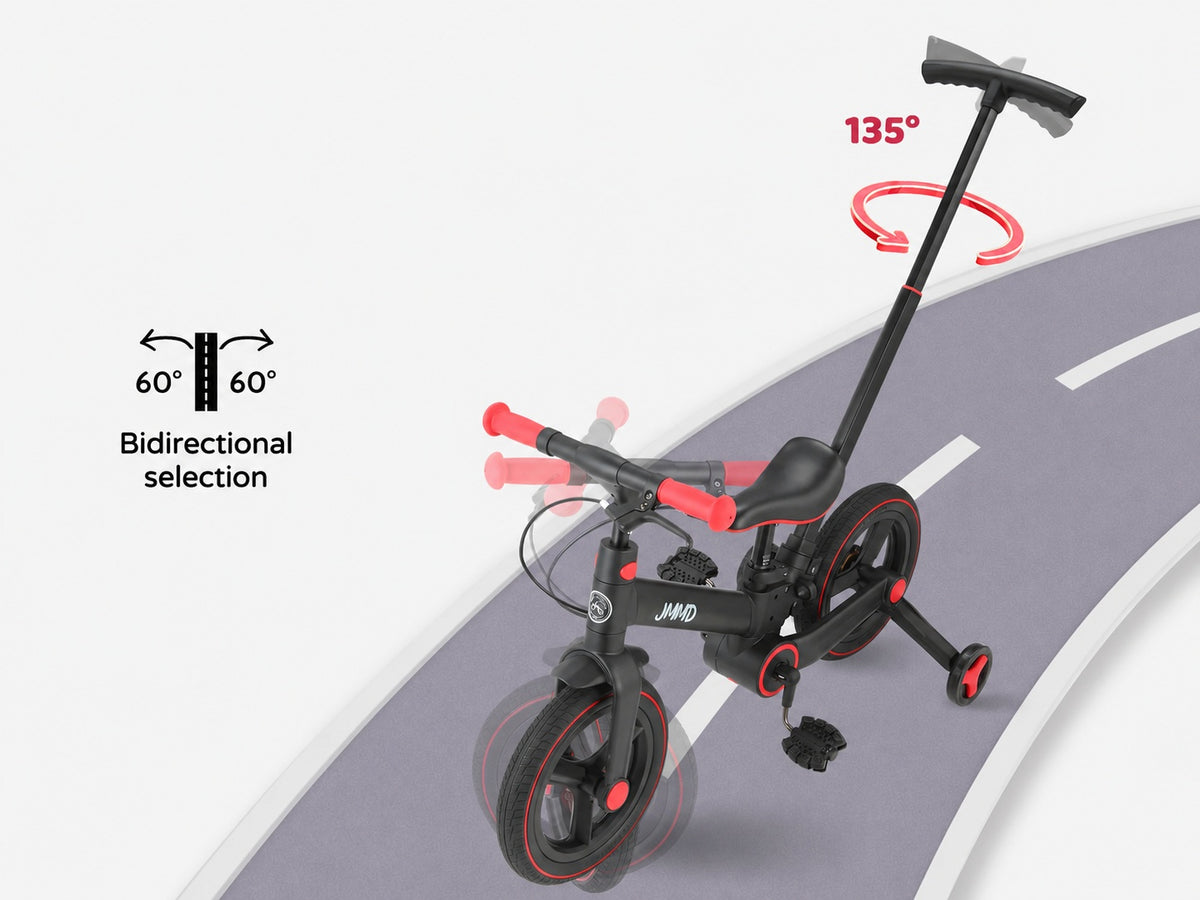 JMMD S900 kids trike showing parent steering control with 135 degree handle rotation and 60 degree bidirectional selection