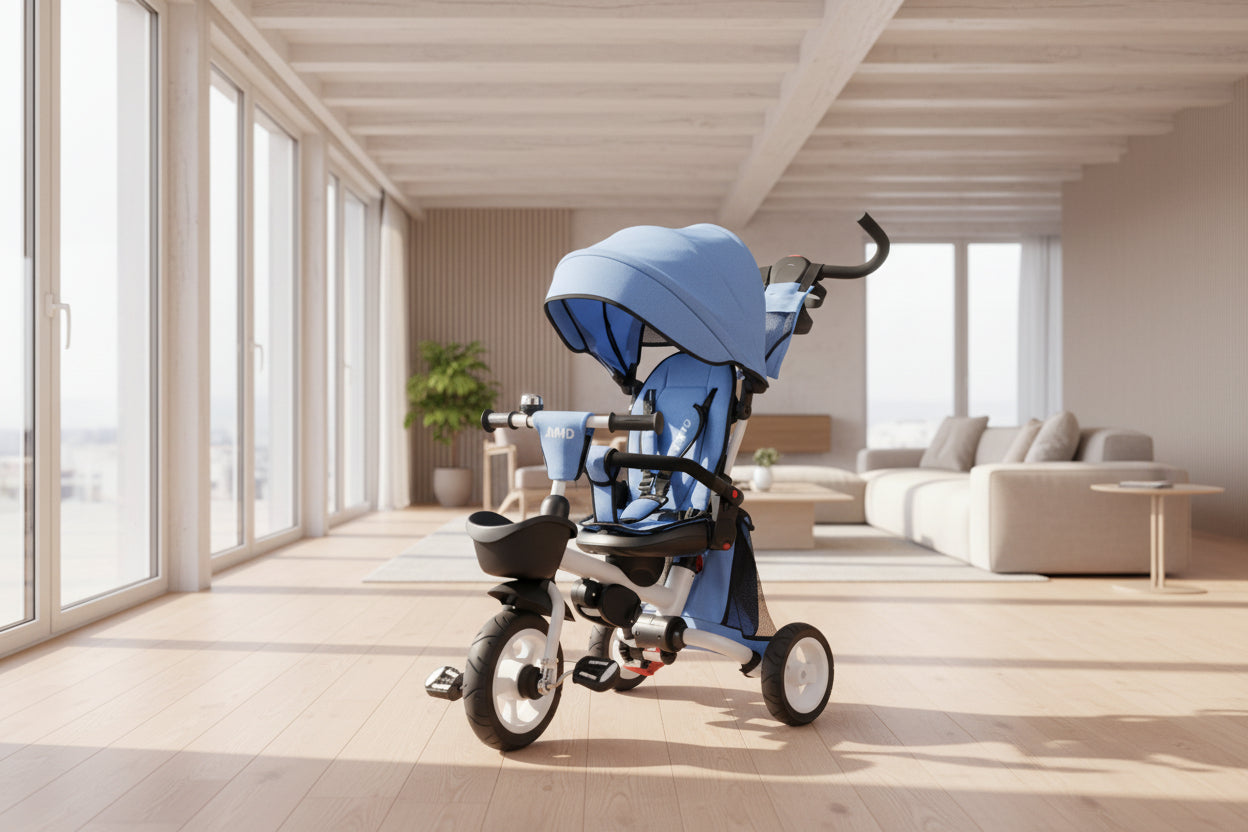 JMMD toddler tricycle with canopy in blue, suitable for indoor and daily use