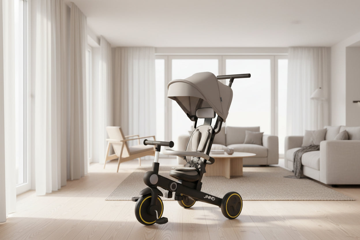 JMMD toddler tricycle in modern living room, designed for everyday indoor use