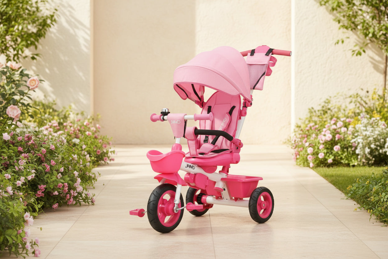 JMMD toddler tricycle in pink used outdoors in garden, designed for comfort and fun